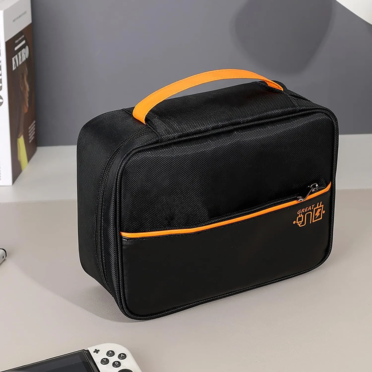 House of Quirk Electronics Travel Organizer, Single Layer Cable Organizer Bag Watreproof Electronics Accessories Storage Bag for Cord, Charger, Phone, Power Bank, Hard Drive (Black, Polyester)