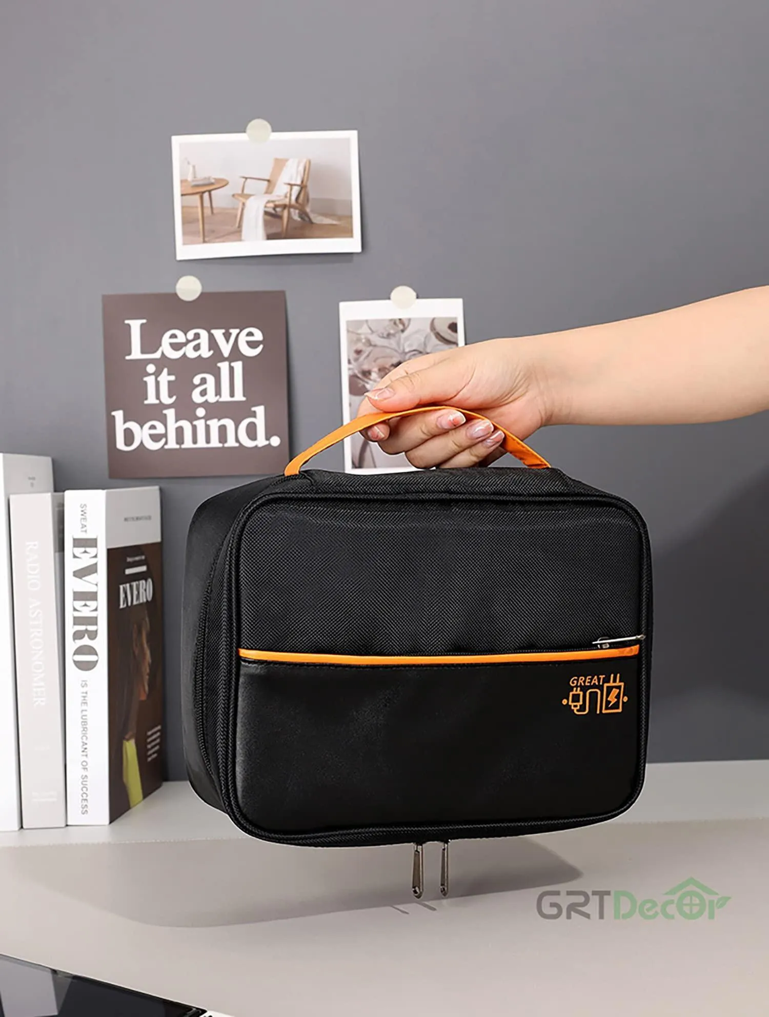 House of Quirk Electronics Travel Organizer, Single Layer Cable Organizer Bag Watreproof Electronics Accessories Storage Bag for Cord, Charger, Phone, Power Bank, Hard Drive (Black, Polyester)