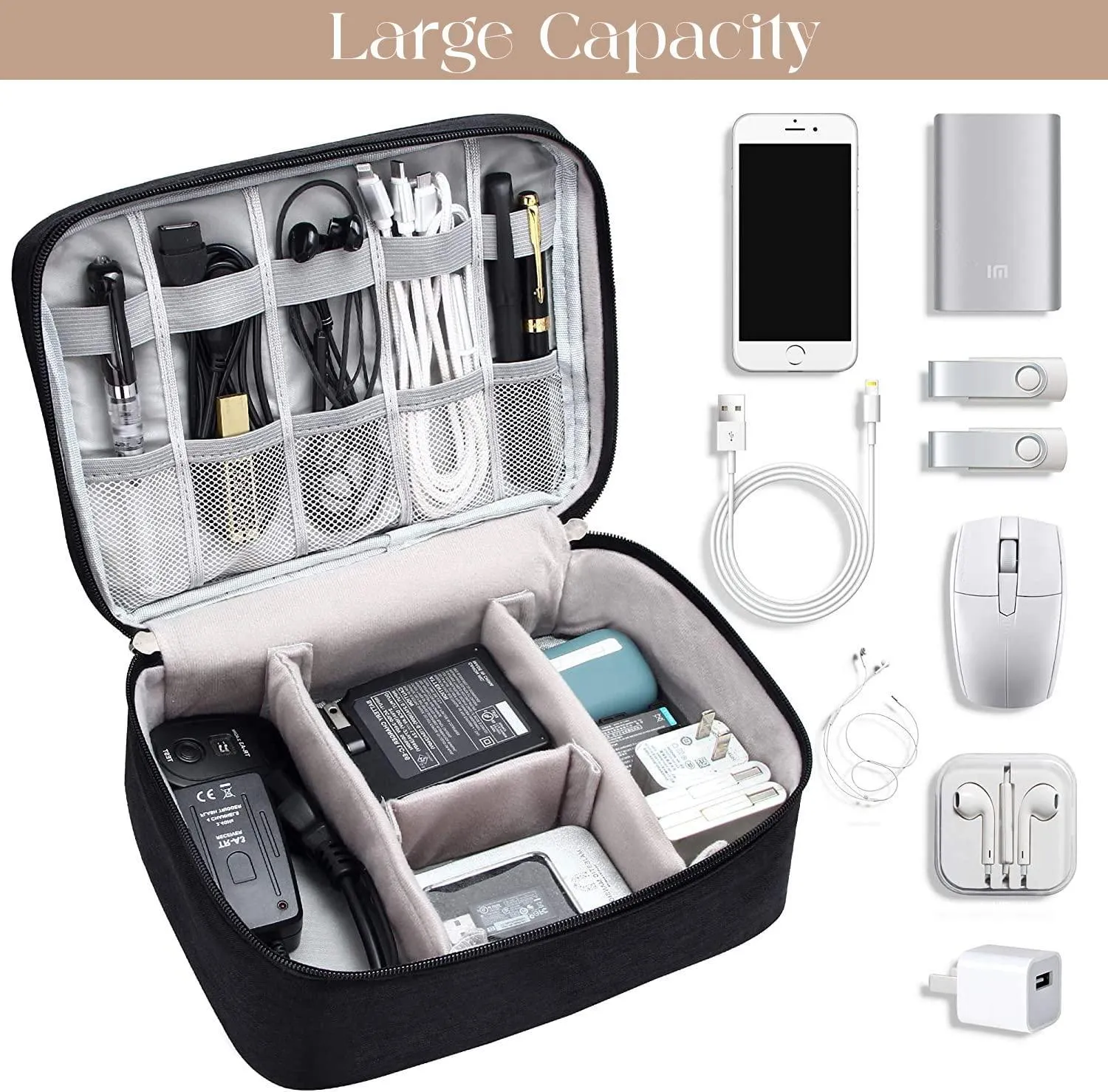 House of Quirk Polyester Electronics Accessories Organizer Bag, Universal Carry Travel Gadget Bag For Cables, Plug And More, Perfect Size Fits For Pad Phone Charger Hard Disk - Black