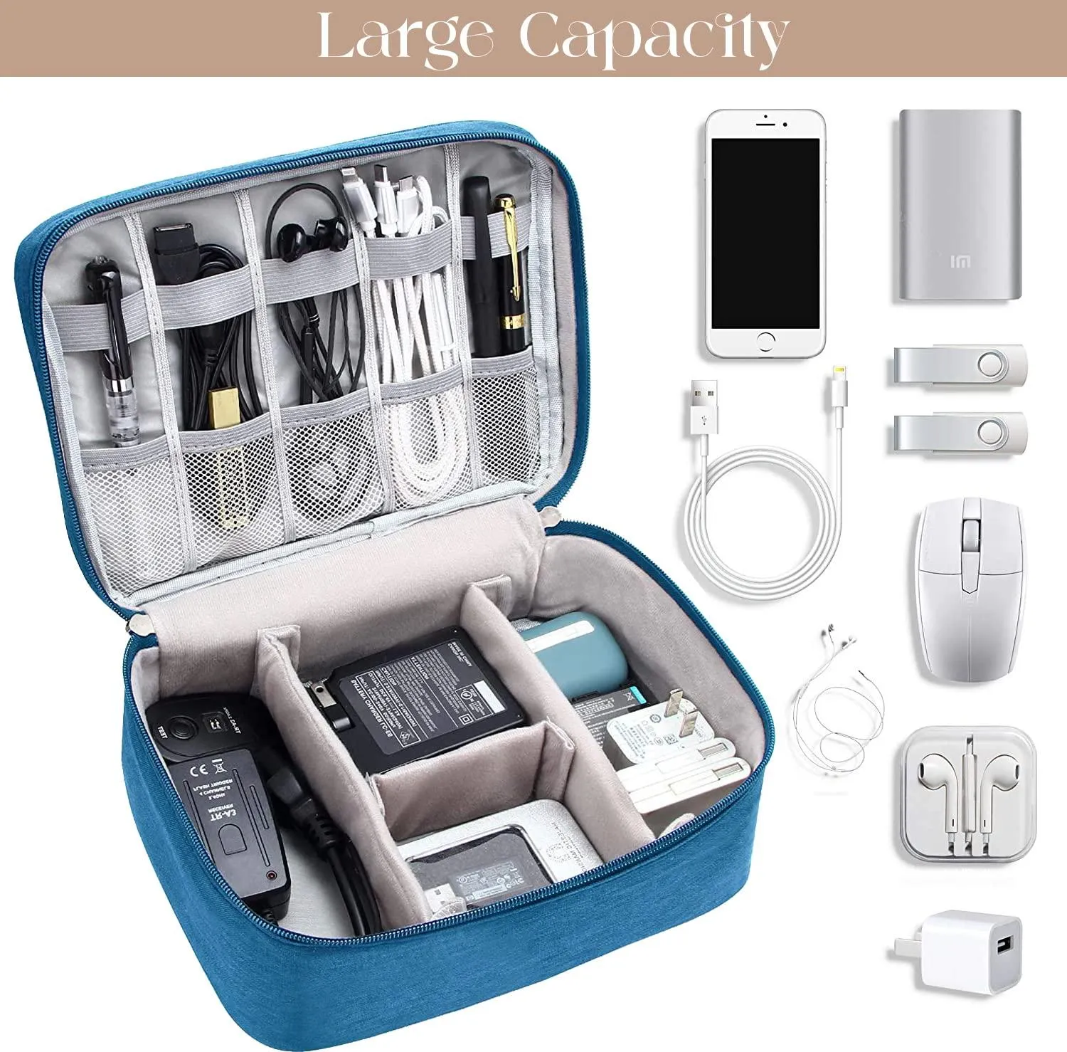 House of Quirk Polyester Electronics Accessories Organizer Bag, Universal Carry Travel Gadget Bag For Cables, Plug And More, Perfect Size Fits For Pad Phone Charger Hard Disk - Light Blue
