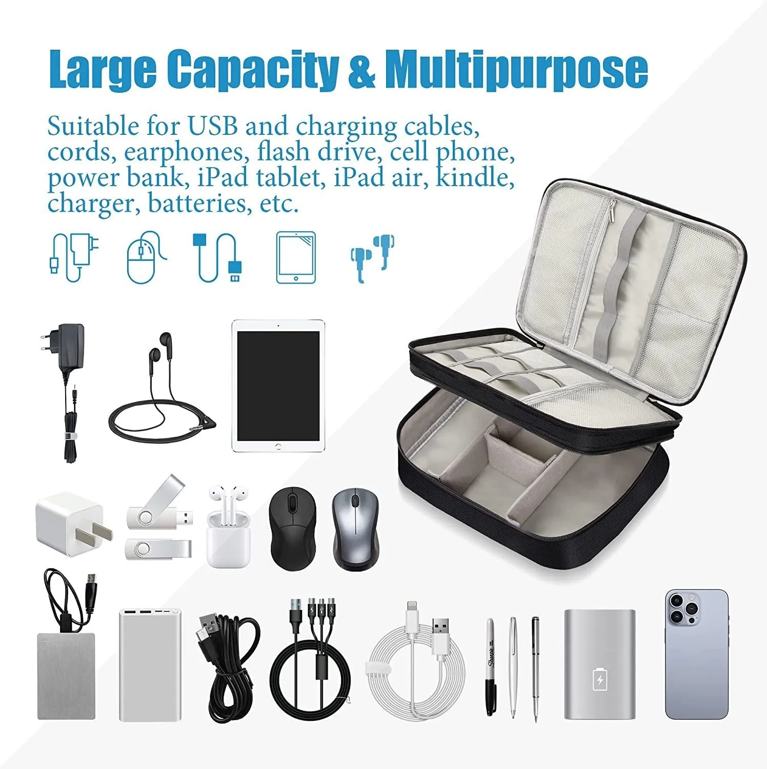 House of Quirk Polyester Electronics Travel Organizer, Double Layer Cable Organizer Bag Watreproof Electronics Accessories Storage Bag For Cord, Charger, Phone, Power Bank, Hard Drive (Black)