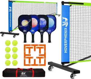 Hoverphenix Pickleball Net for Driveway, 22FT Regulation Size Pickleball Net with Paddles Set of 4, Pickleballs and Carry Bag for Outdoor Indoor Game