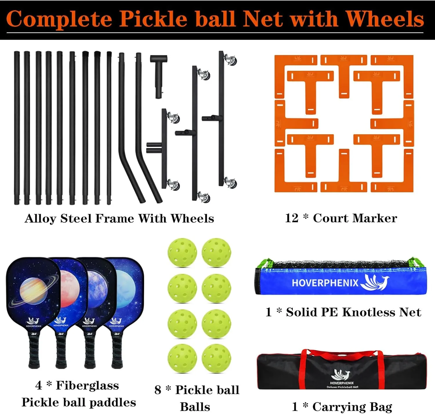 Hoverphenix Pickleball Net for Driveway, 22FT Regulation Size Pickleball Net with Paddles Set of 4, Pickleballs and Carry Bag for Outdoor Indoor Game