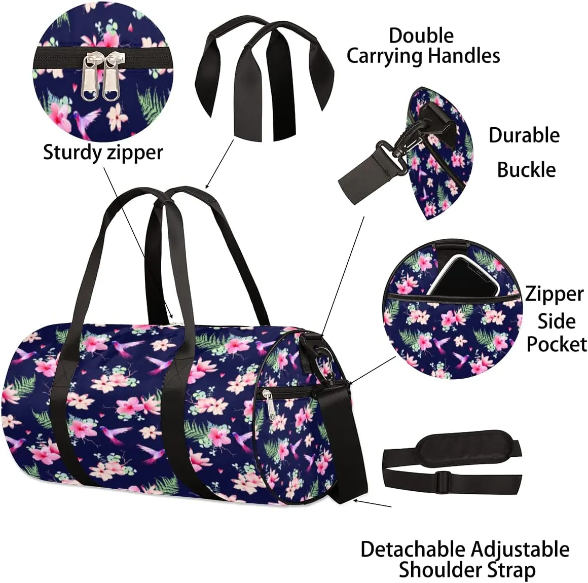 Hummingbirds Flower Beautiful Gym Bag Small Gym Duffel Bags for Men Women Overnight Weekender Bag Lightweight Sport Duffle Bag Carry On Gymbag