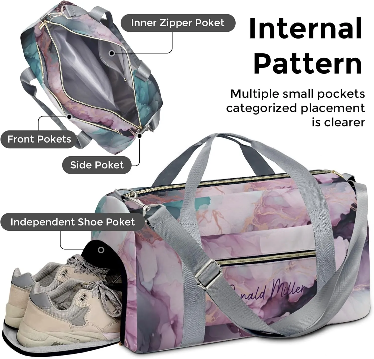 HUTARIO Personalized Duffle Bag for Women, Girl Sport Gym Dance Bag Travel for Weekender Overnight