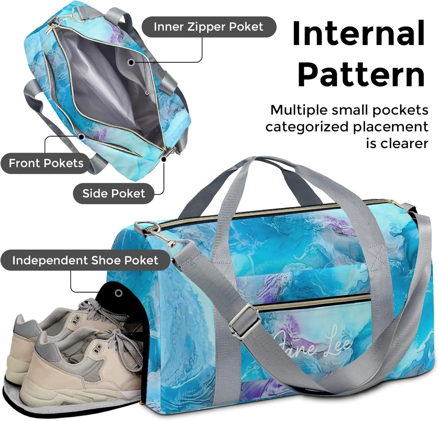 HUTARIO Personalized Duffle Bag for Women, Girl Sport Gym Dance Bag Travel for Weekender Overnight