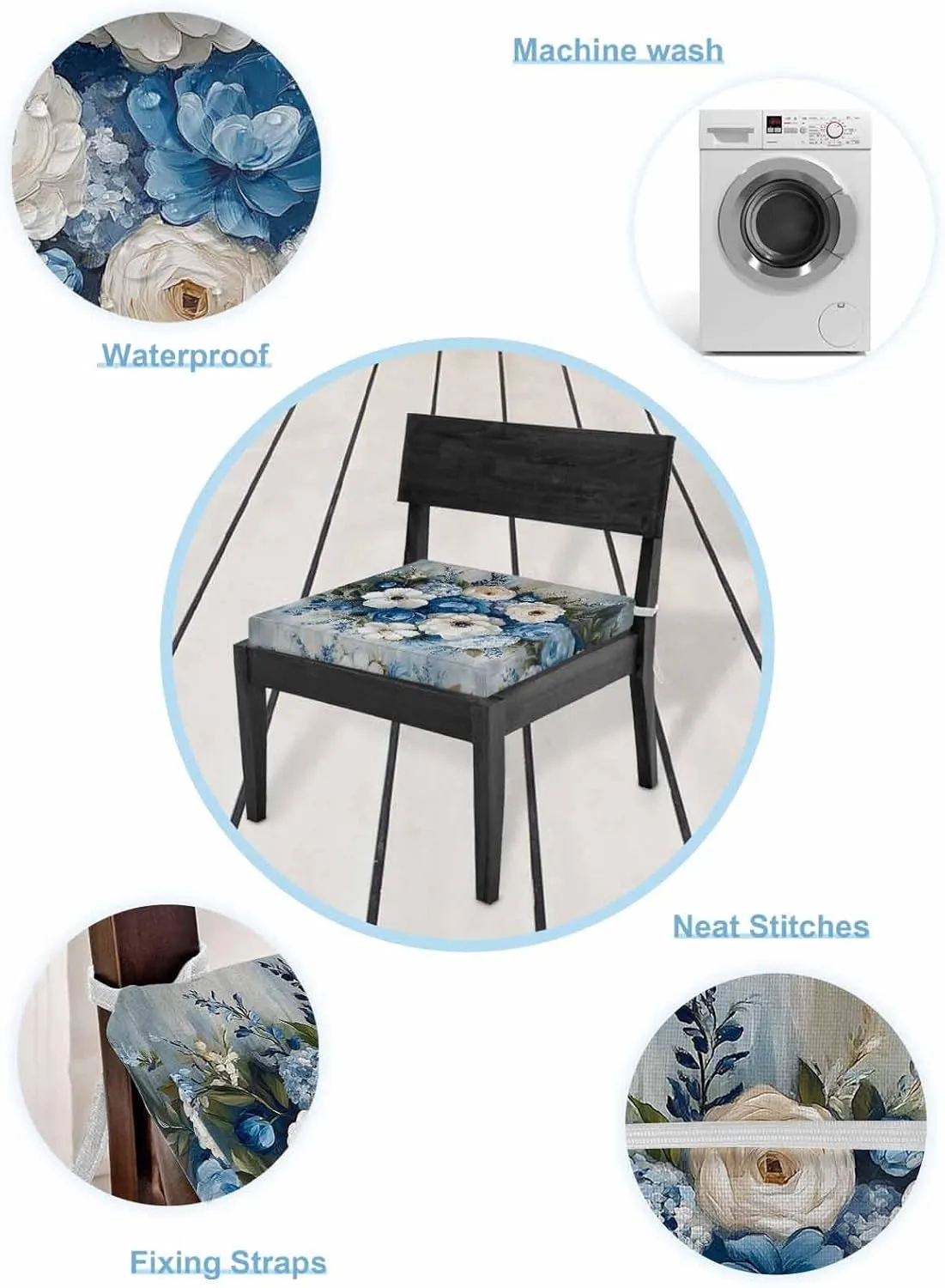 Hydrangeas Flower Outdoor Cushion Chair Cover Set of 2 - Waterproof Couch Seat Covers, Blue White Floral Country Oil Painting Patio Furniture Protector Cushions Slipcovers for Sofa/RV, 24"x24"x4"