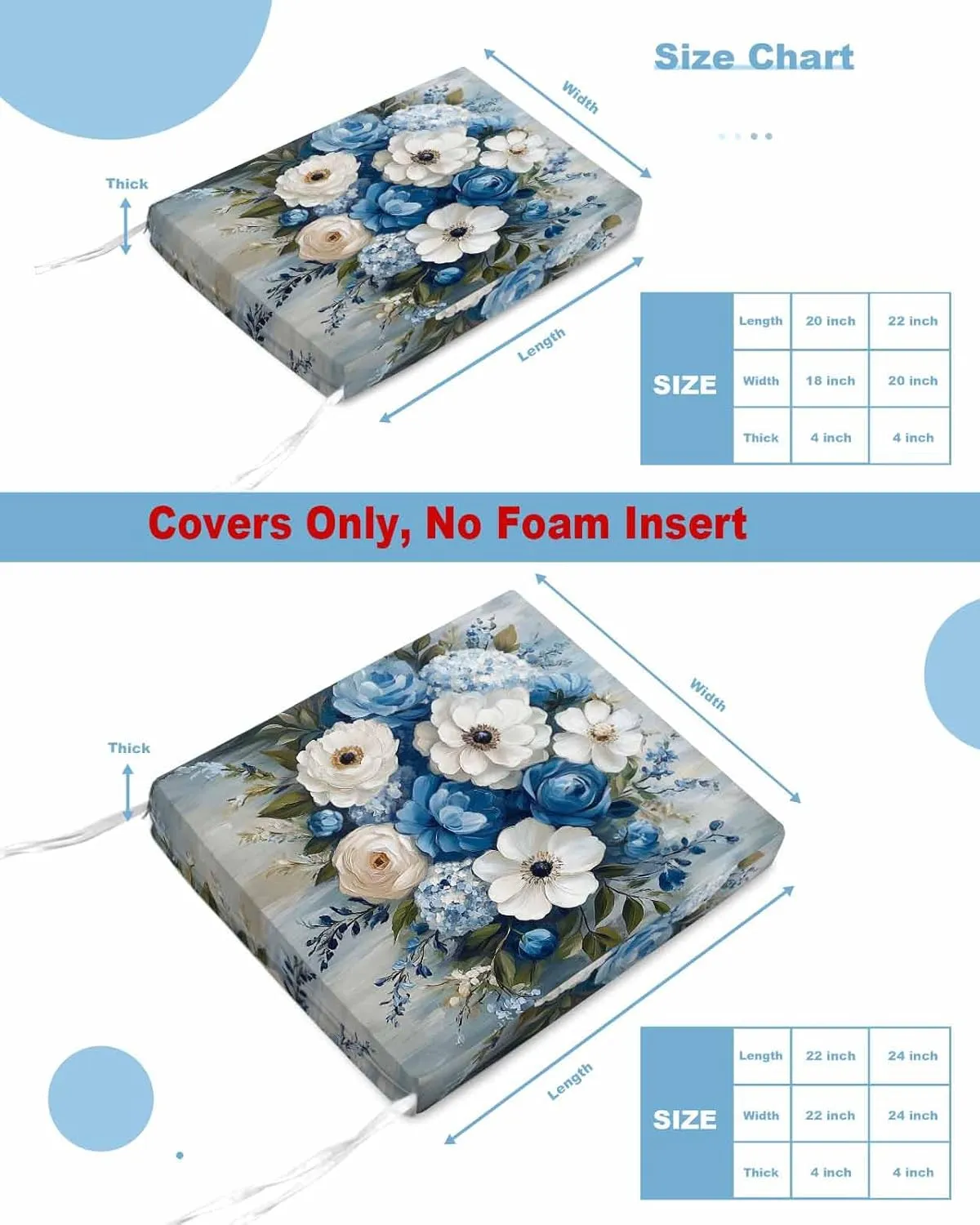 Hydrangeas Flower Outdoor Cushion Chair Cover Set of 2 - Waterproof Couch Seat Covers, Blue White Floral Country Oil Painting Patio Furniture Protector Cushions Slipcovers for Sofa/RV, 24"x24"x4"