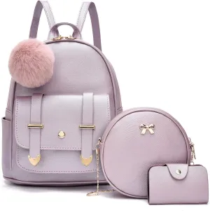 I IHAYNER Mini Backpack Purse for Teen Girls 3-PCS Fashion Backpack Cute Travel Daypacks Women Pompom Backpack Shoulder Bag