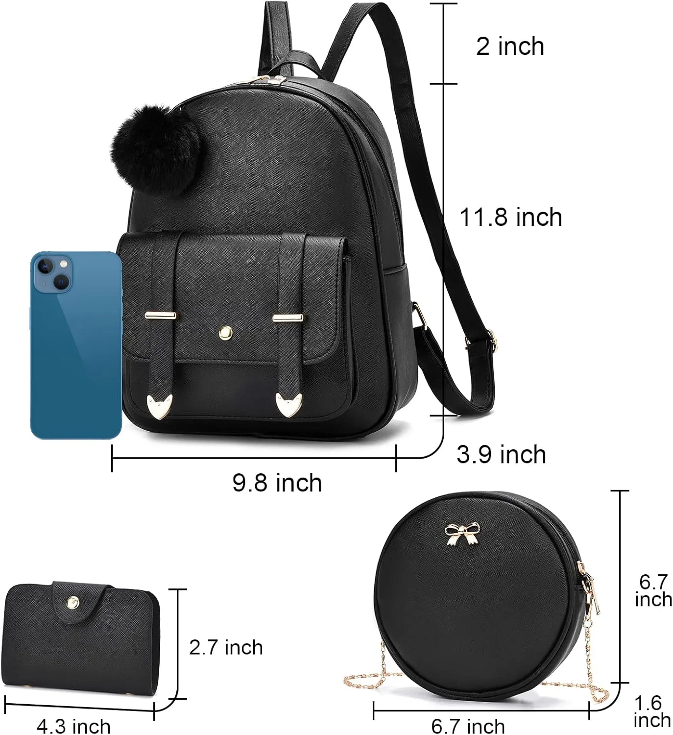 I IHAYNER Mini Backpack Purse for Teen Girls 3-PCS Fashion Backpack Cute Travel Daypacks Women Pompom Backpack Shoulder Bag