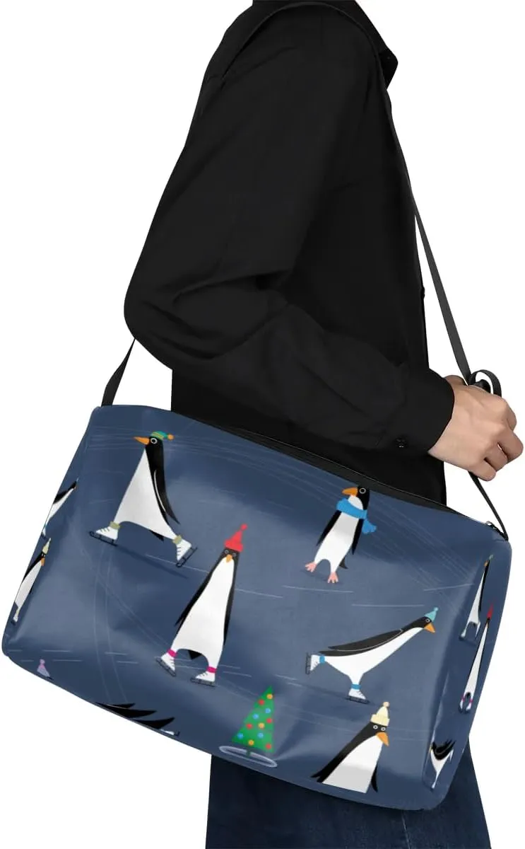 Ice Skating Penguin Small Gym Bag for Men Women Workout Sport Duffle Bag Waterproof Weekender Overnight Bag Lightweight Carry on Tote Bag Crossbody Shoulder Travel Bag for Swim Yoge Dance