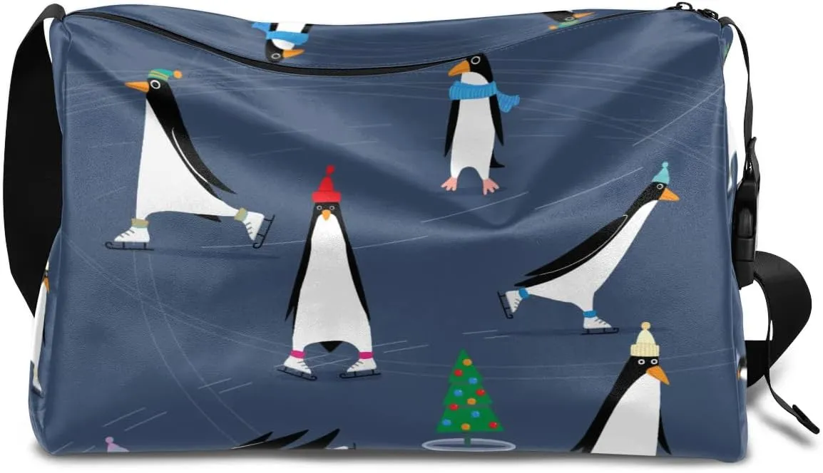 Ice Skating Penguin Small Gym Bag for Men Women Workout Sport Duffle Bag Waterproof Weekender Overnight Bag Lightweight Carry on Tote Bag Crossbody Shoulder Travel Bag for Swim Yoge Dance