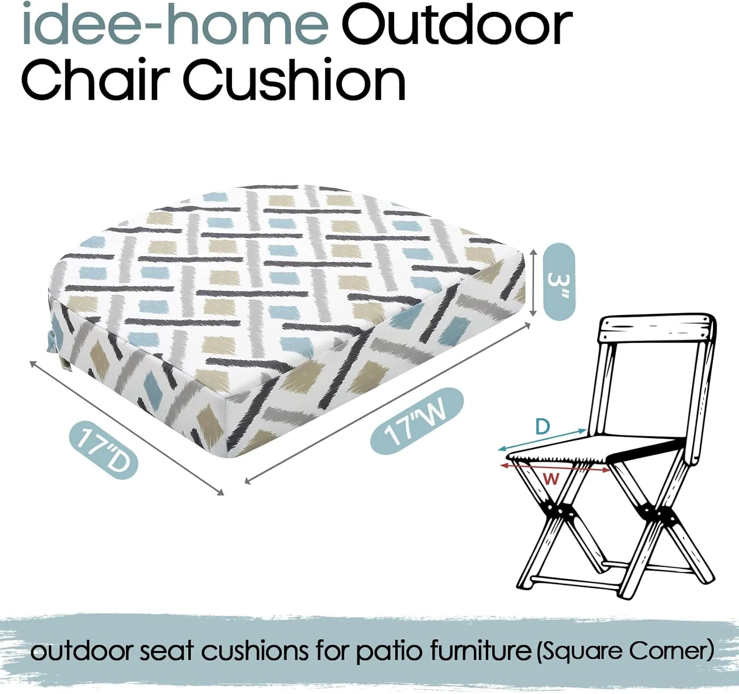 idee-home Outdoor Chair Cushions Set of 2, Thick 17" x 17" x 3" Outdoor Seat Cushions Patio Furniture Waterproof with Ties, Dining Pads