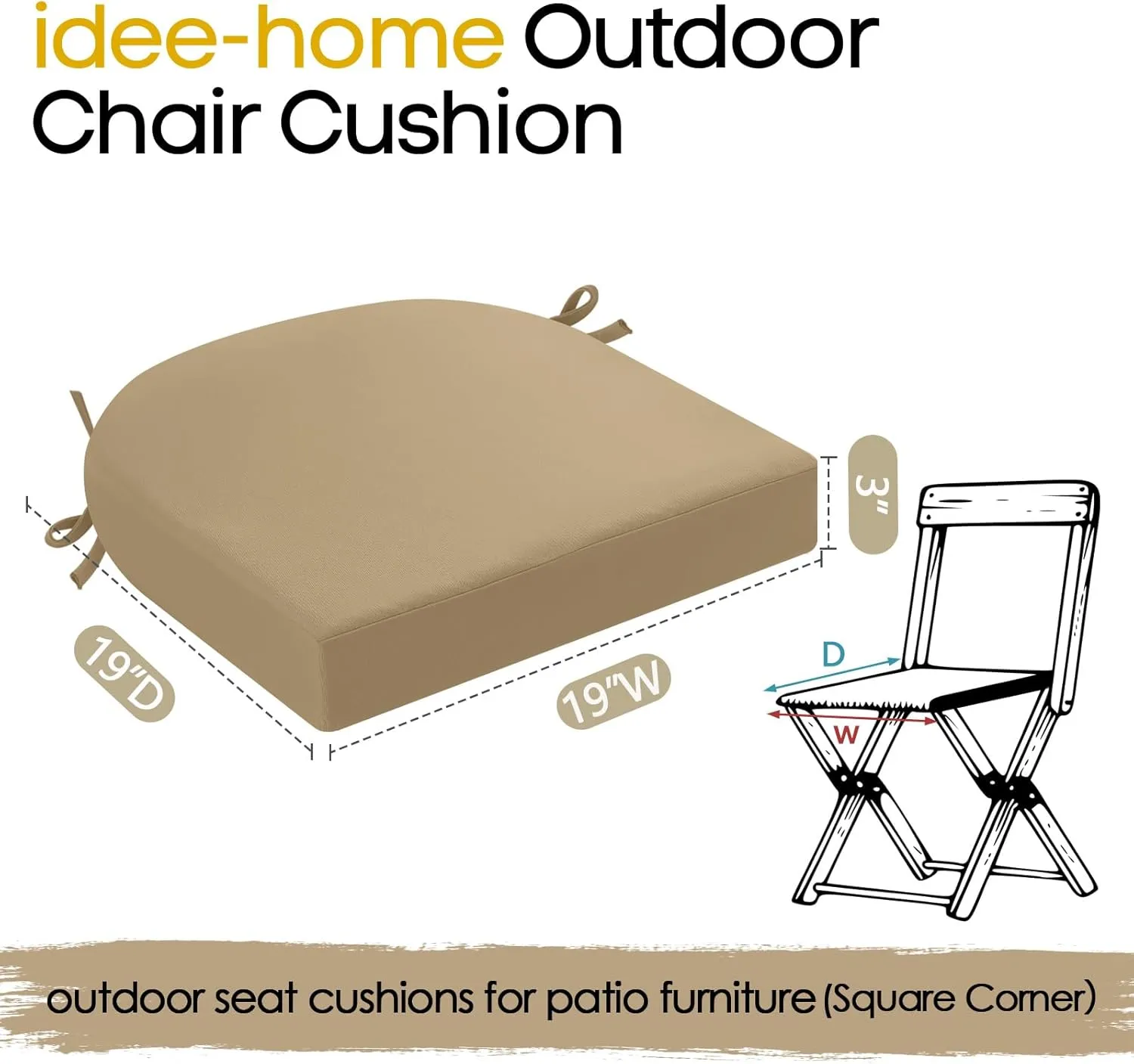 idee-home Outdoor Chair Cushions Set of 2, Thick 19" x 19" x 3" Outdoor Seat Cushions Patio Furniture Waterproof with Ties, Dining Pads