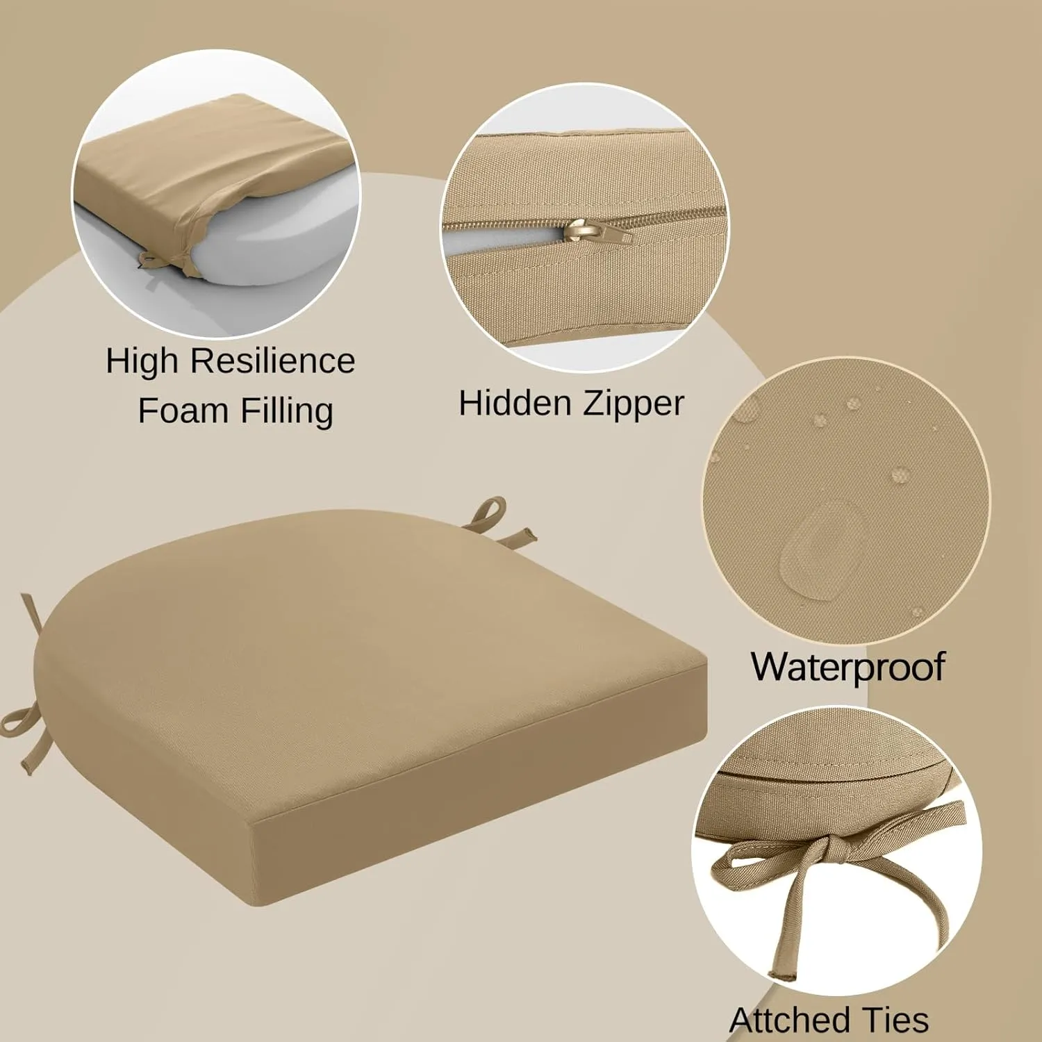 idee-home Outdoor Chair Cushions Set of 2, Thick 19" x 19" x 3" Outdoor Seat Cushions Patio Furniture Waterproof with Ties, Dining Pads