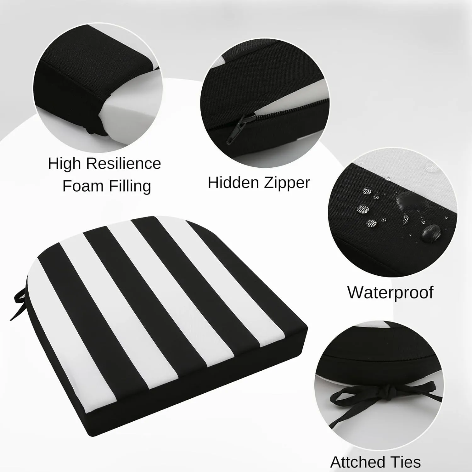 idee-home Outdoor Chair Cushions Set of 2, Thick 19" x 19" x 3" Patio Chair Cushions for Outdoor Furniture Waterproof with Ties, Outdoor Seat Cushion, Patio Chair Pads Dining Chair Black Stripes