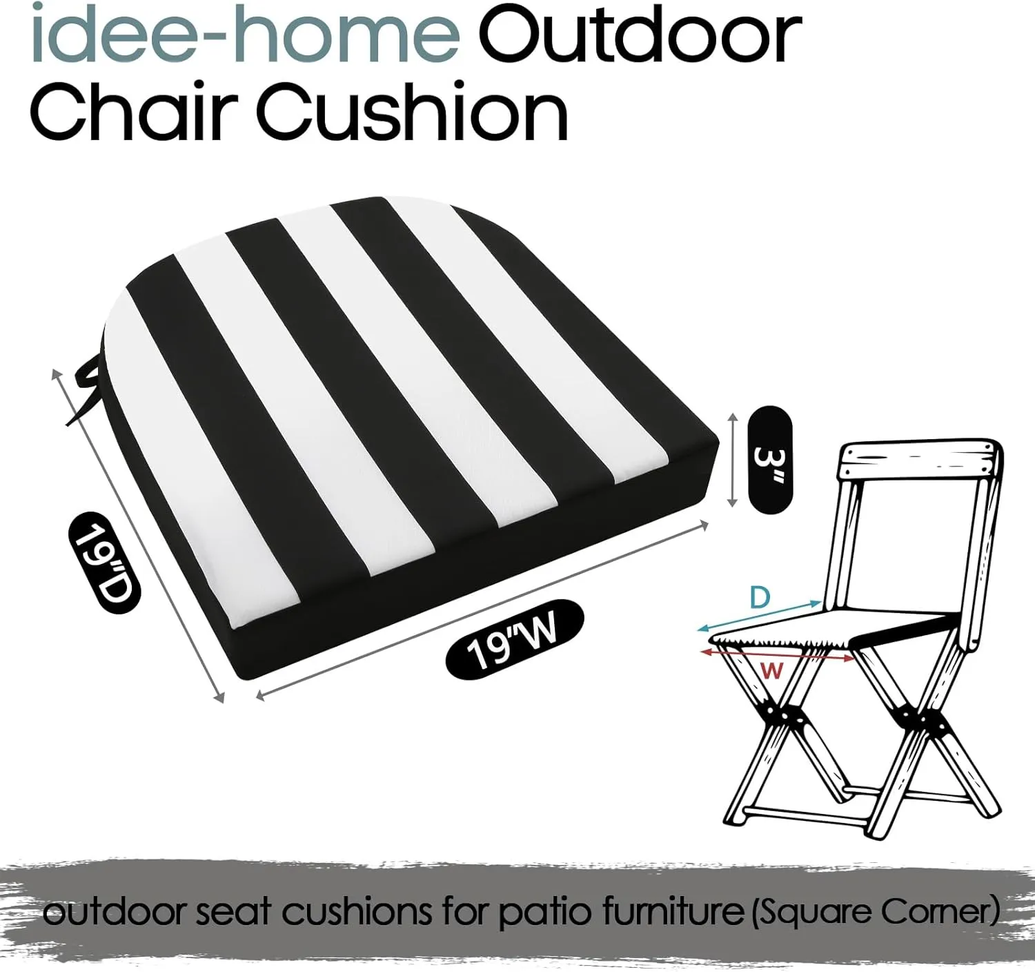 idee-home Outdoor Chair Cushions Set of 2, Thick 19" x 19" x 3" Patio Chair Cushions for Outdoor Furniture Waterproof with Ties, Outdoor Seat Cushion, Patio Chair Pads Dining Chair Black Stripes