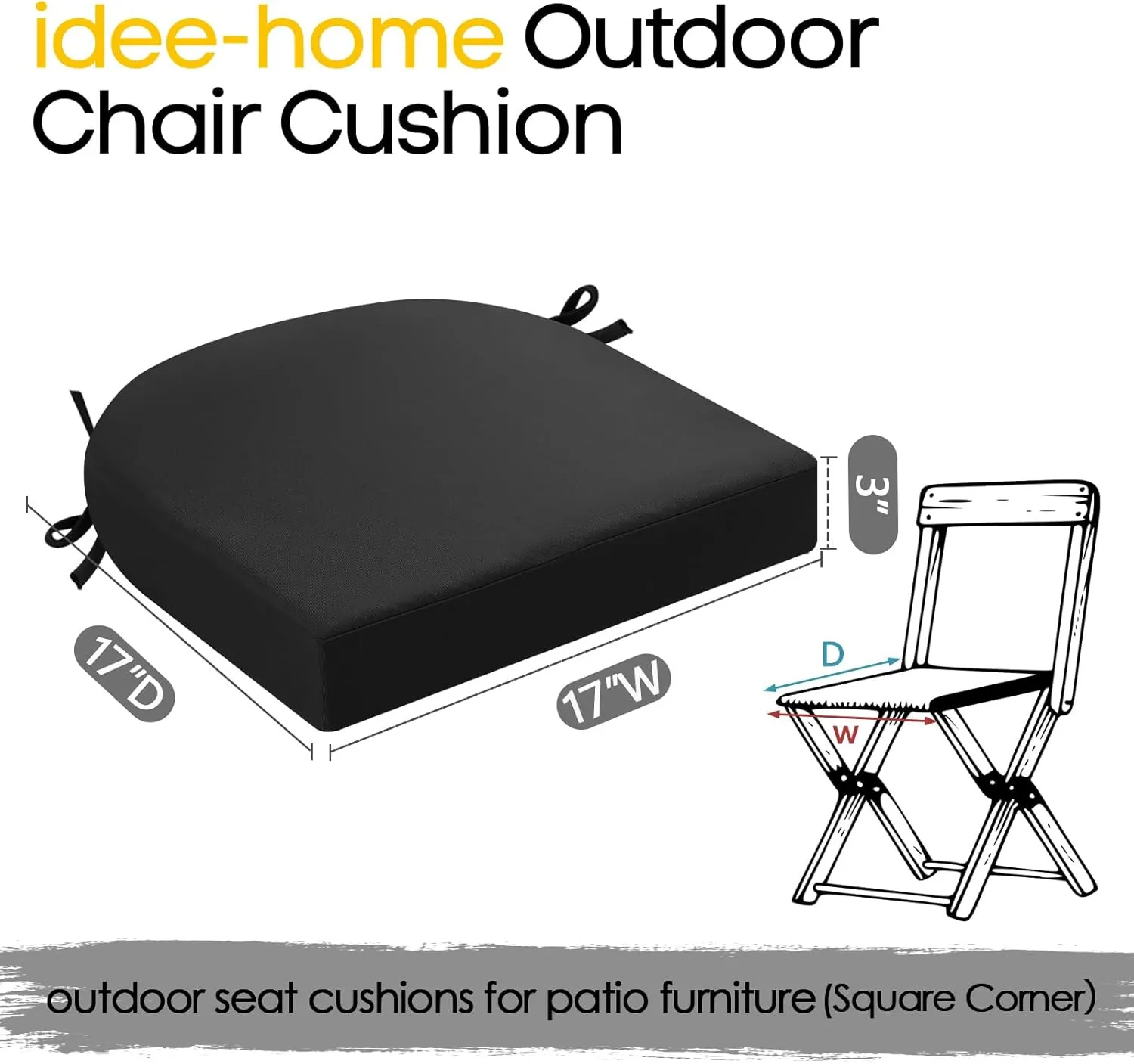 idee-home Outdoor Chair Cushions Set of 4, Thick 17" x 17" x 3" Patio Chair Cushions for Outdoor Furniture Waterproof with Ties, Seat Cushion, Patio Chair Pads Dining Chair Black