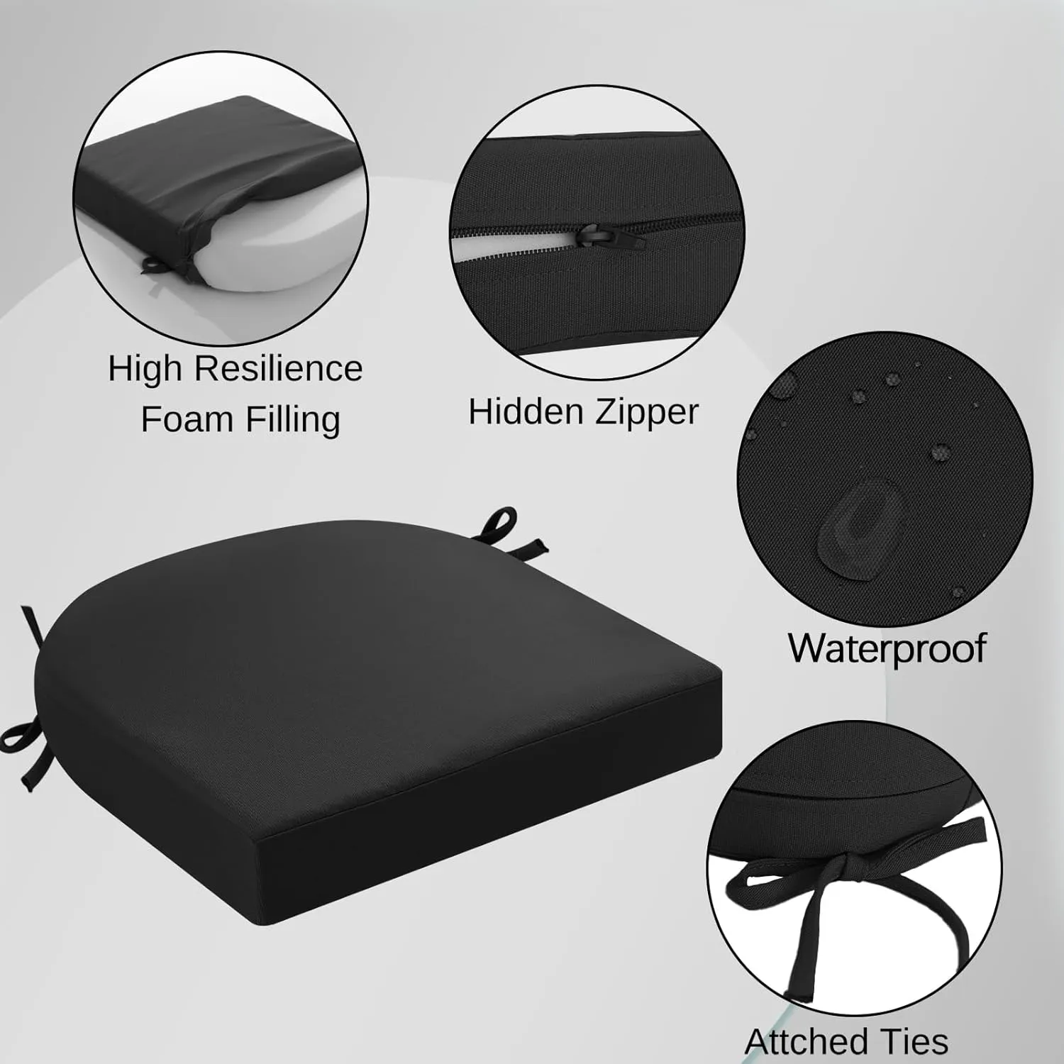 idee-home Outdoor Chair Cushions Set of 4, Thick 17" x 17" x 3" Patio Chair Cushions for Outdoor Furniture Waterproof with Ties, Seat Cushion, Patio Chair Pads Dining Chair Black