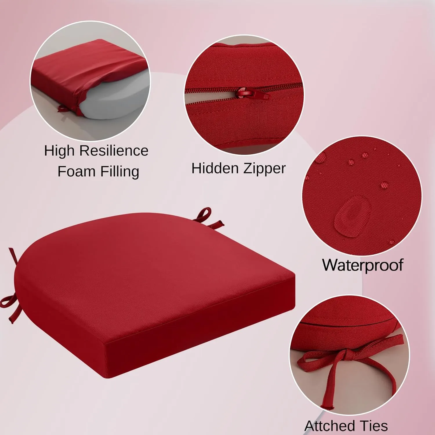 idee-home Outdoor Chair Cushions Set of 4, Thick 17" x 17" x 3" Patio Chair Cushions for Outdoor Furniture Waterproof with Ties, Seat Cushion, Patio Chair Pads Dining Chair Red