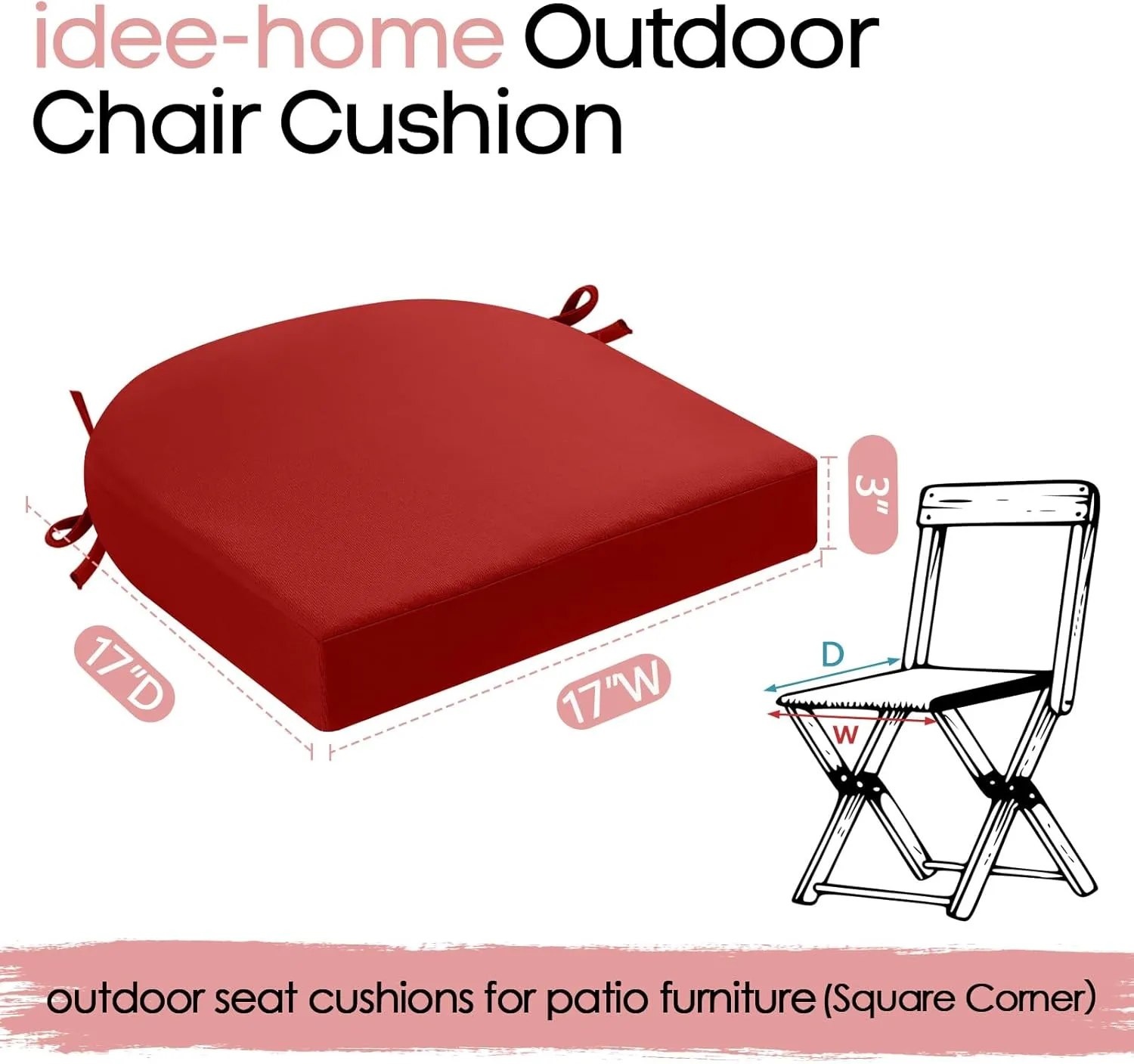 idee-home Outdoor Chair Cushions Set of 4, Thick 17" x 17" x 3" Patio Chair Cushions for Outdoor Furniture Waterproof with Ties, Seat Cushion, Patio Chair Pads Dining Chair Red