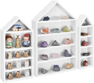 Ikee Design 3 Pcs Set House-Shaped Shelf Wooden Shadow Cubby Box Display Shelf Organizer Storage Display Shadow Box for Mini Figures,15 Compartments, White Color