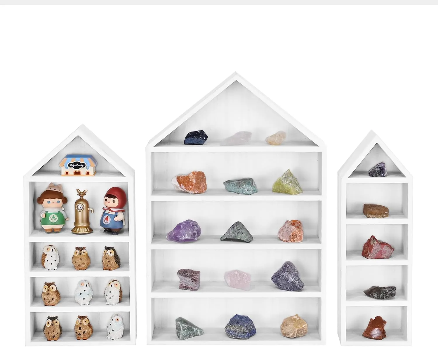 Ikee Design 3 Pcs Set House-Shaped Shelf Wooden Shadow Cubby Box Display Shelf Organizer Storage Display Shadow Box for Mini Figures,15 Compartments, White Color