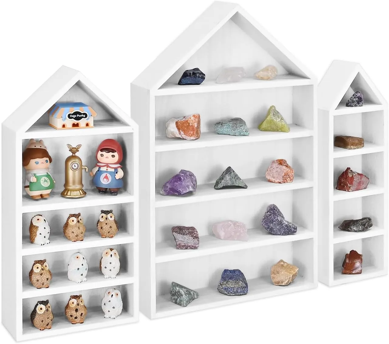 Ikee Design 3 Pcs Set House-Shaped Shelf Wooden Shadow Cubby Box Display Shelf Organizer Storage Display Shadow Box for Mini Figures,15 Compartments, White Color