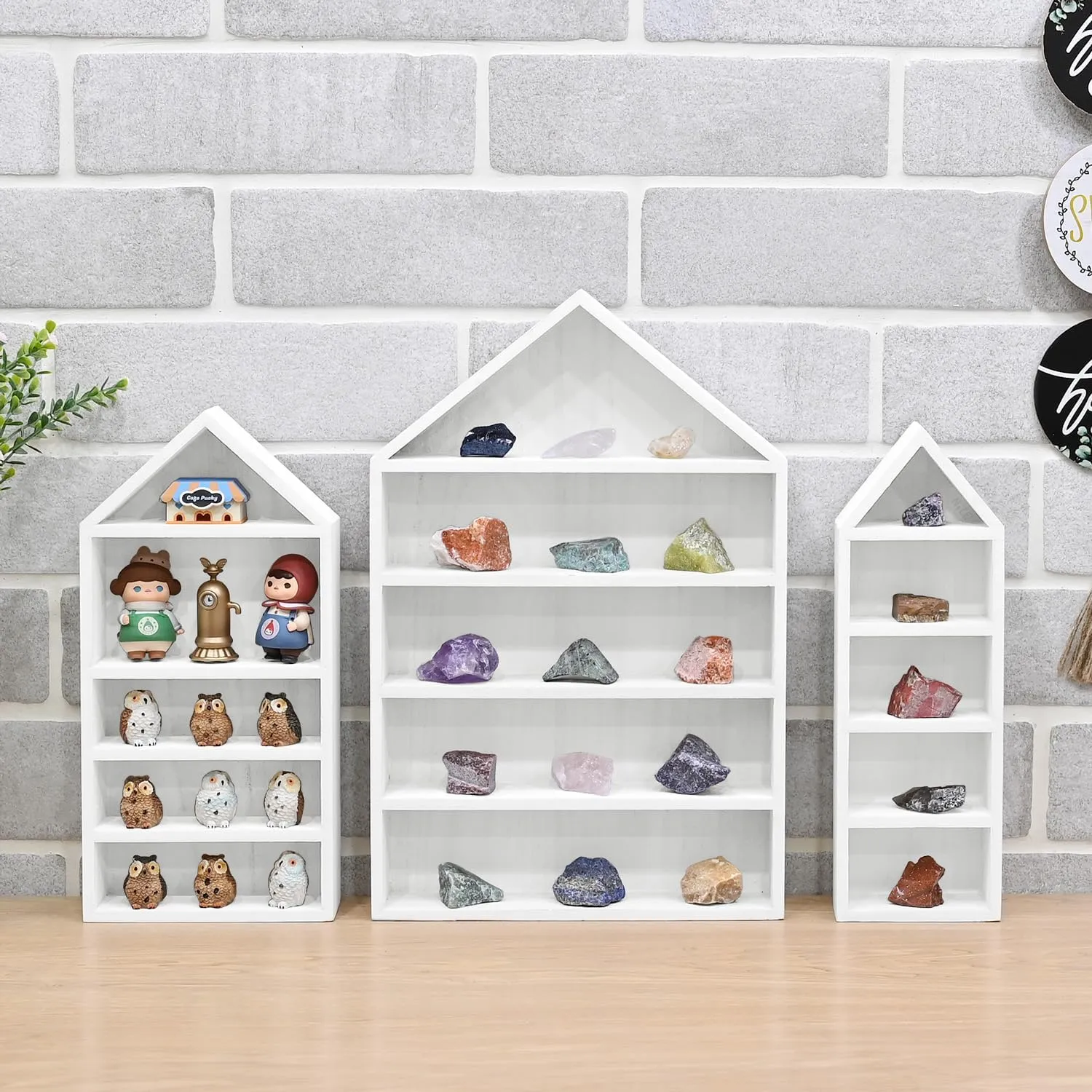 Ikee Design 3 Pcs Set House-Shaped Shelf Wooden Shadow Cubby Box Display Shelf Organizer Storage Display Shadow Box for Mini Figures,15 Compartments, White Color