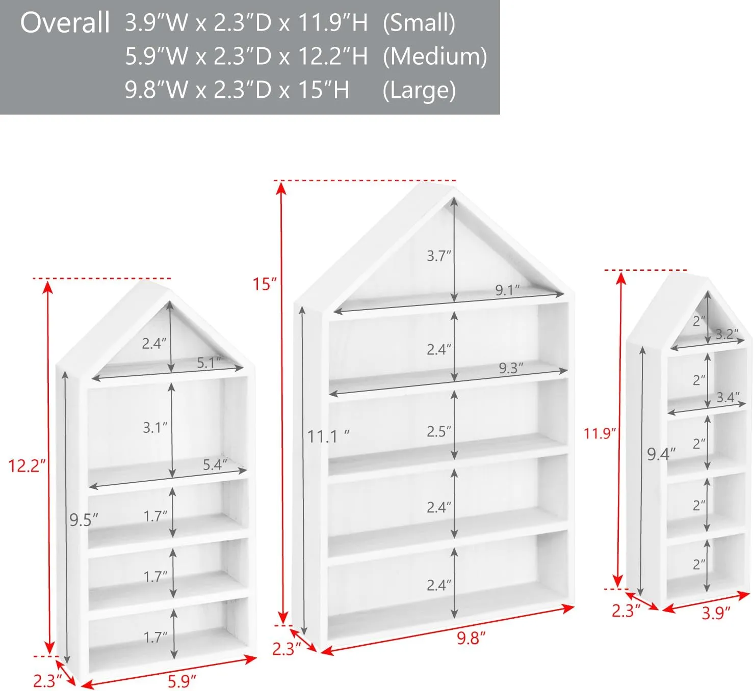 Ikee Design 3 Pcs Set House-Shaped Shelf Wooden Shadow Cubby Box Display Shelf Organizer Storage Display Shadow Box for Mini Figures,15 Compartments, White Color