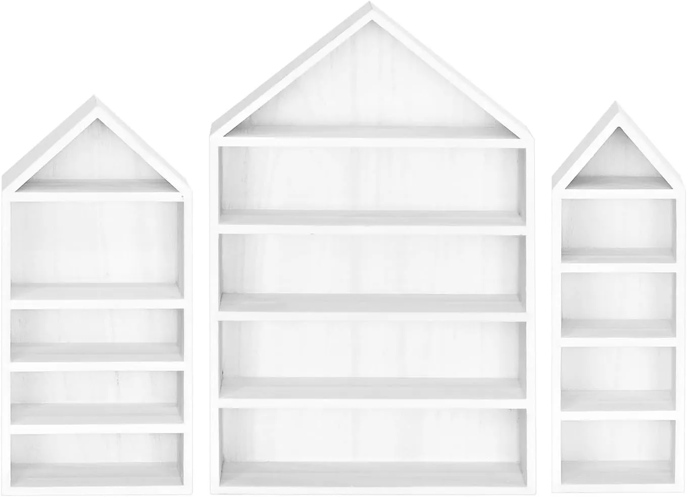 Ikee Design 3 Pcs Set House-Shaped Shelf Wooden Shadow Cubby Box Display Shelf Organizer Storage Display Shadow Box for Mini Figures,15 Compartments, White Color