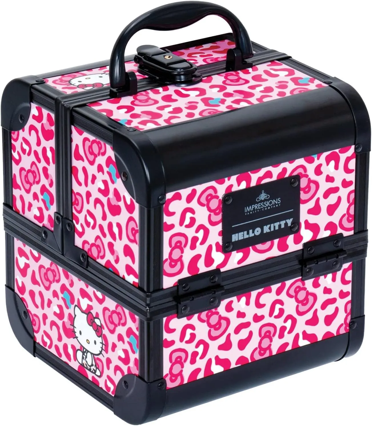 Impressions Vanity Hello Kitty SlayCube Makeup Travel Case with Durable Outer, Makeup Organizer Case in Portable Size with 2 Extendable Trays and Flip Top Mirror (Pink Animal)