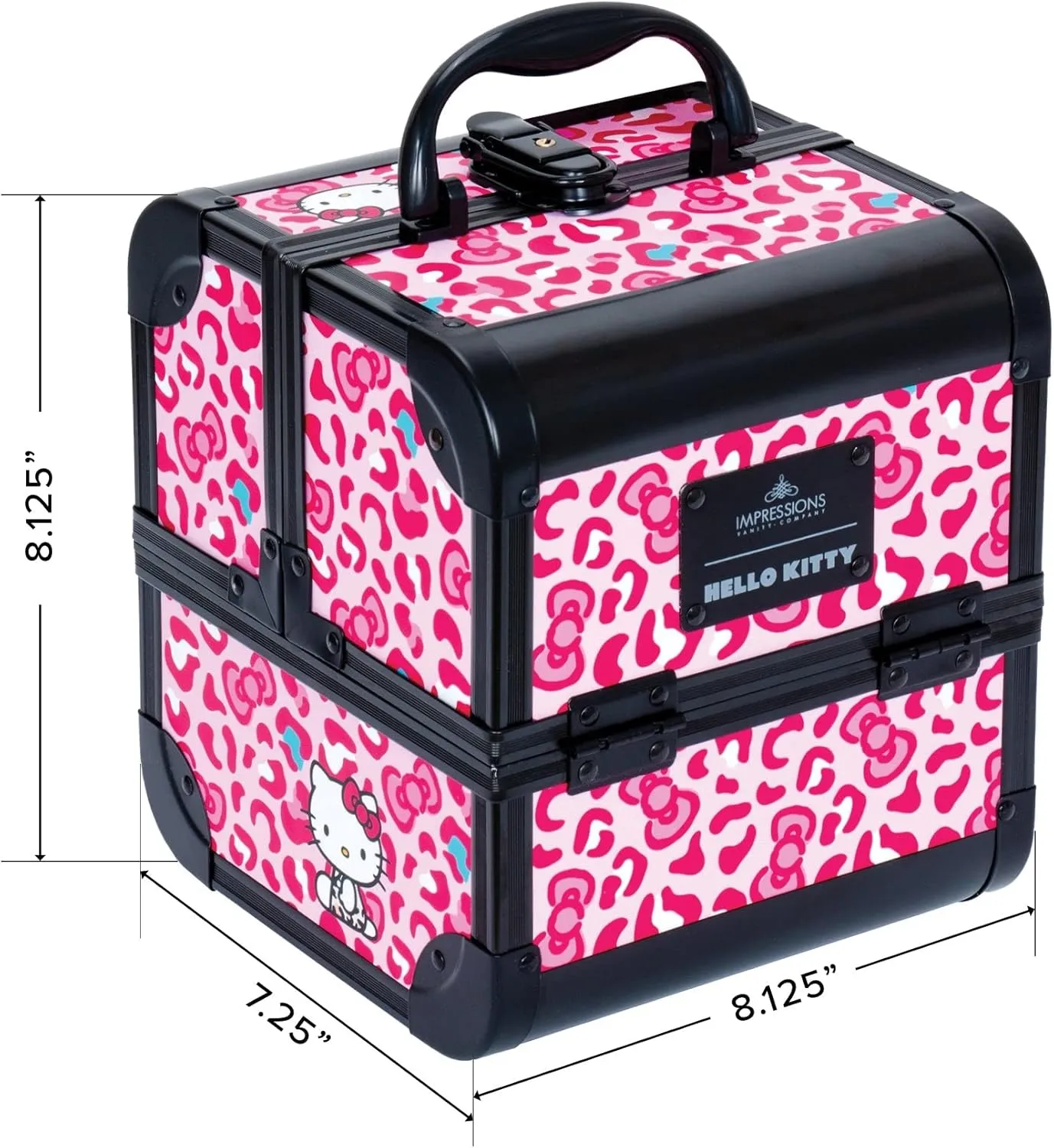 Impressions Vanity Hello Kitty SlayCube Makeup Travel Case with Durable Outer, Makeup Organizer Case in Portable Size with 2 Extendable Trays and Flip Top Mirror (Pink Animal)