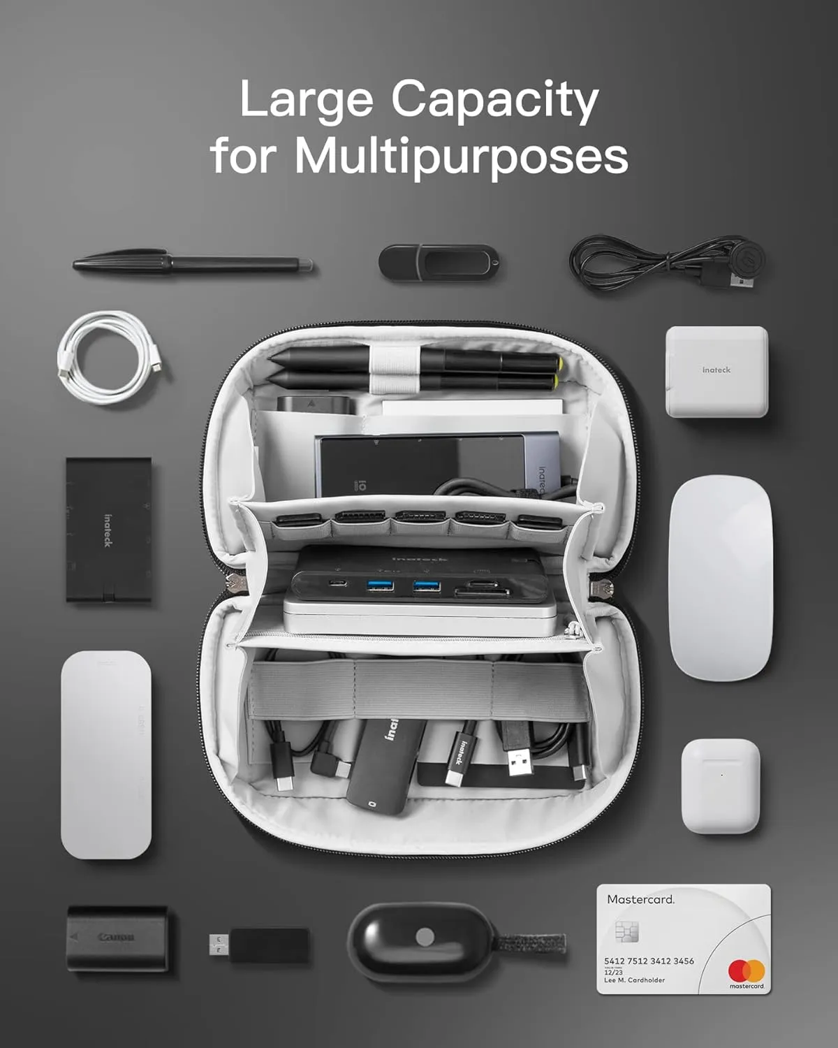 Inateck Electronics Organizer Travel Case, 180° Open Water-resistant, Multifunctional Travel Organizer Bag, Electronic Accessories Carry Case, Black, Small