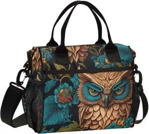 Insulated Lunch Bag with Multiple Compartments, Mysterious Owl in Forest Print Reusable Leak-proof Lunch Box Cooler Bag with Detachable Shoulder Strap Thermal Aluminum Lining