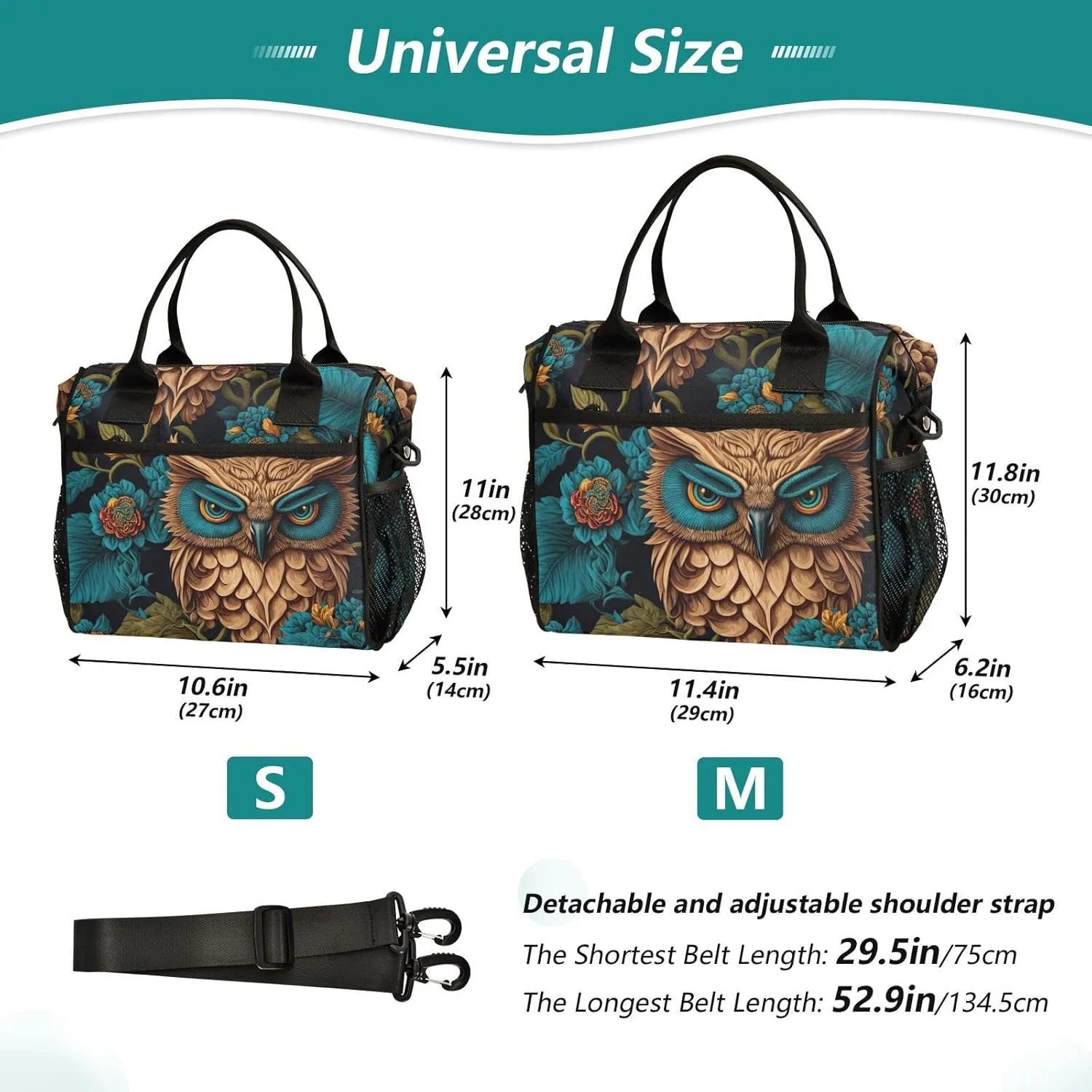 Insulated Lunch Bag with Multiple Compartments, Mysterious Owl in Forest Print Reusable Leak-proof Lunch Box Cooler Bag with Detachable Shoulder Strap Thermal Aluminum Lining