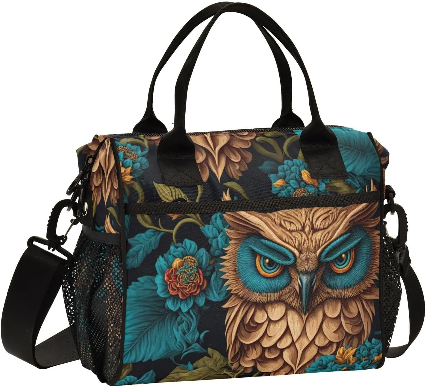 Insulated Lunch Bag with Multiple Compartments, Mysterious Owl in Forest Print Reusable Leak-proof Lunch Box Cooler Bag with Detachable Shoulder Strap Thermal Aluminum Lining