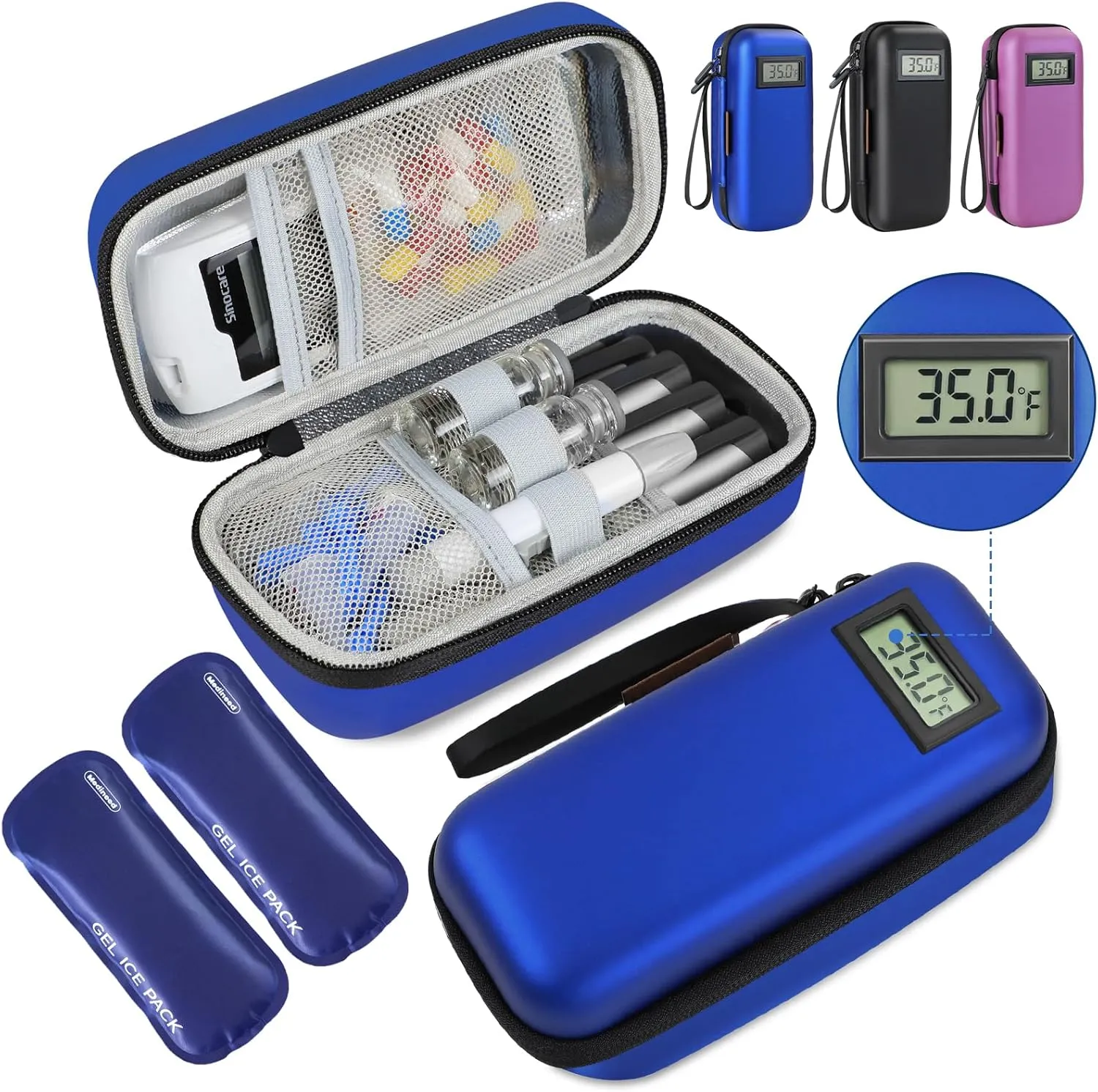 Insulin Cooler Travel Case, Portable Temperature Display Medicine Travel Cooler, Diabetes Case with 2 Reusable Ice Packs TSA Approved for Diabetic Supplies Patent Pending (Blue)