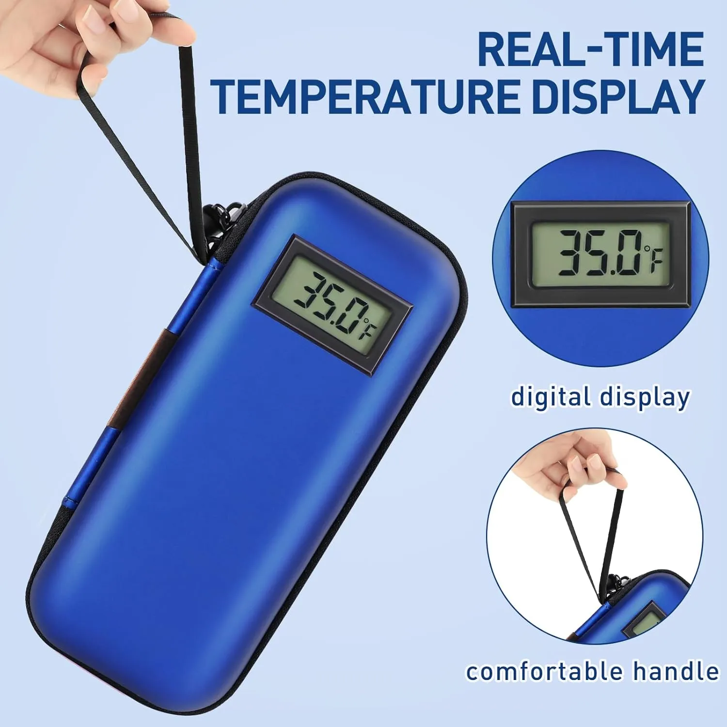 Insulin Cooler Travel Case, Portable Temperature Display Medicine Travel Cooler, Diabetes Case with 2 Reusable Ice Packs TSA Approved for Diabetic Supplies Patent Pending (Blue)