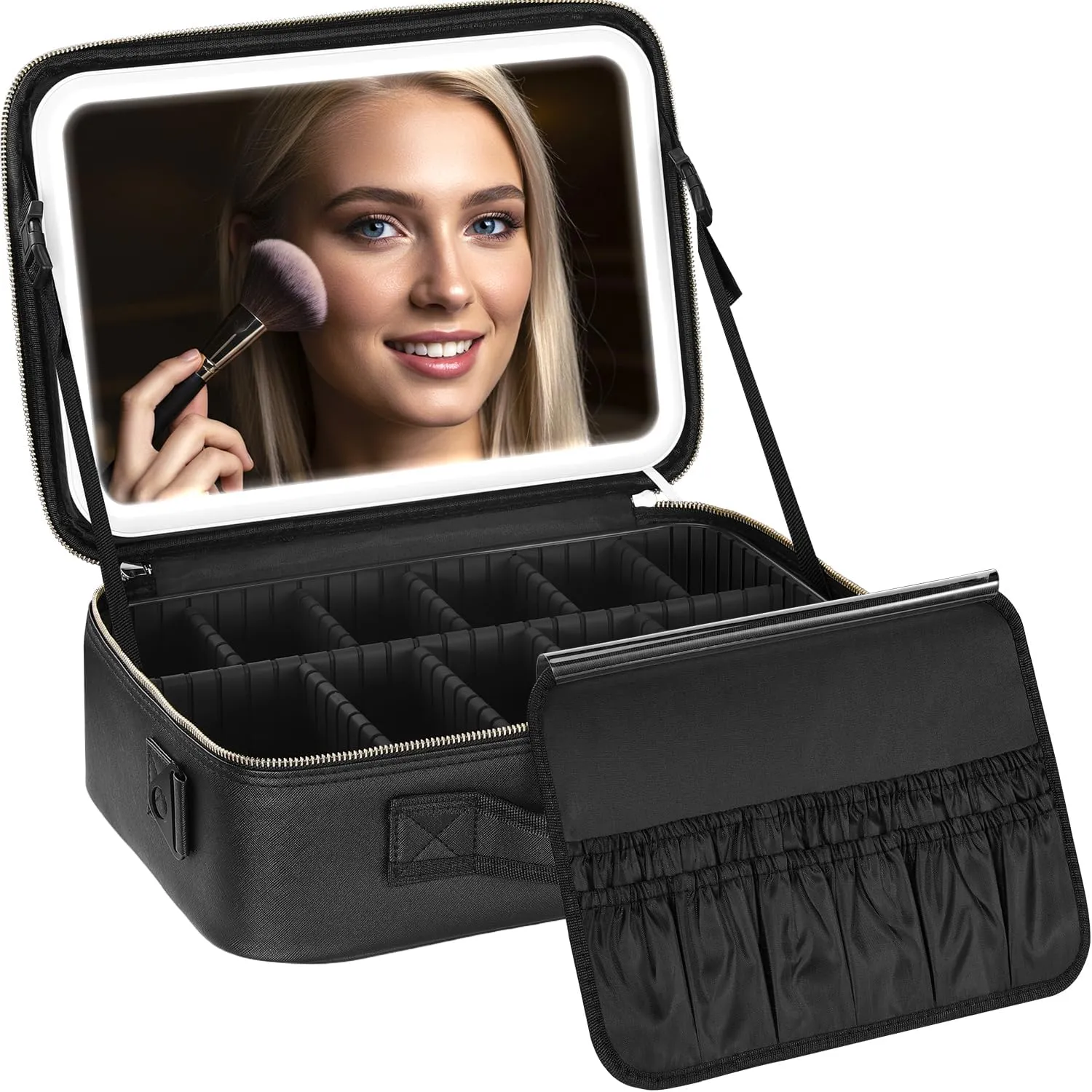 IPOW Travel Makeup Bag with LED Mirror, 3 Adjustable Light Settings, Customizable Dividers, Portable Travel Organizer, USB Charging,Black, Large