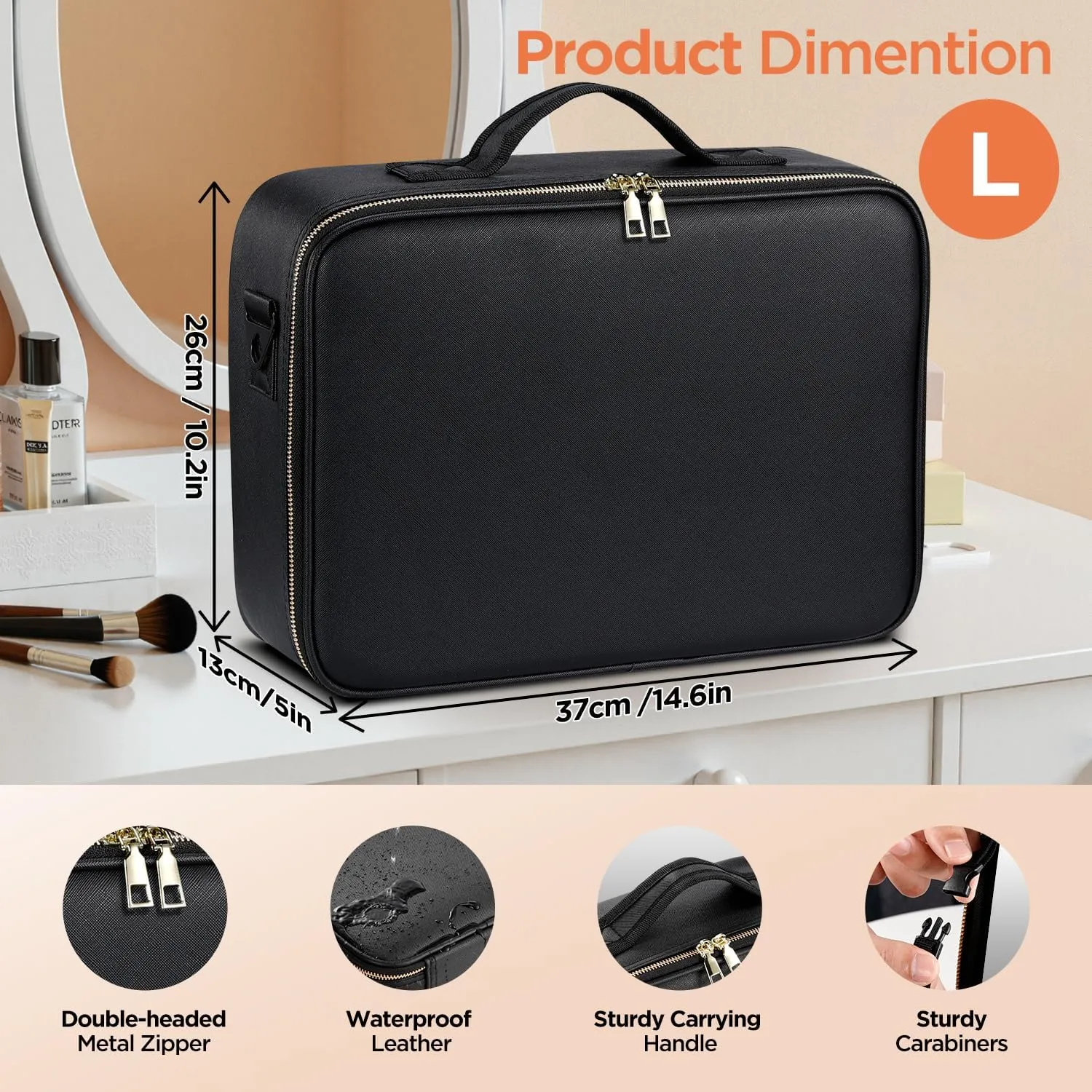 IPOW Travel Makeup Bag with LED Mirror, 3 Adjustable Light Settings, Customizable Dividers, Portable Travel Organizer, USB Charging,Black, Large