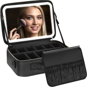 IPOW Travel Makeup Bag with LED Mirror, 3 Adjustable Light Settings, Customizable Dividers, Portable Travel Organizer, USB Charging,Black, Large