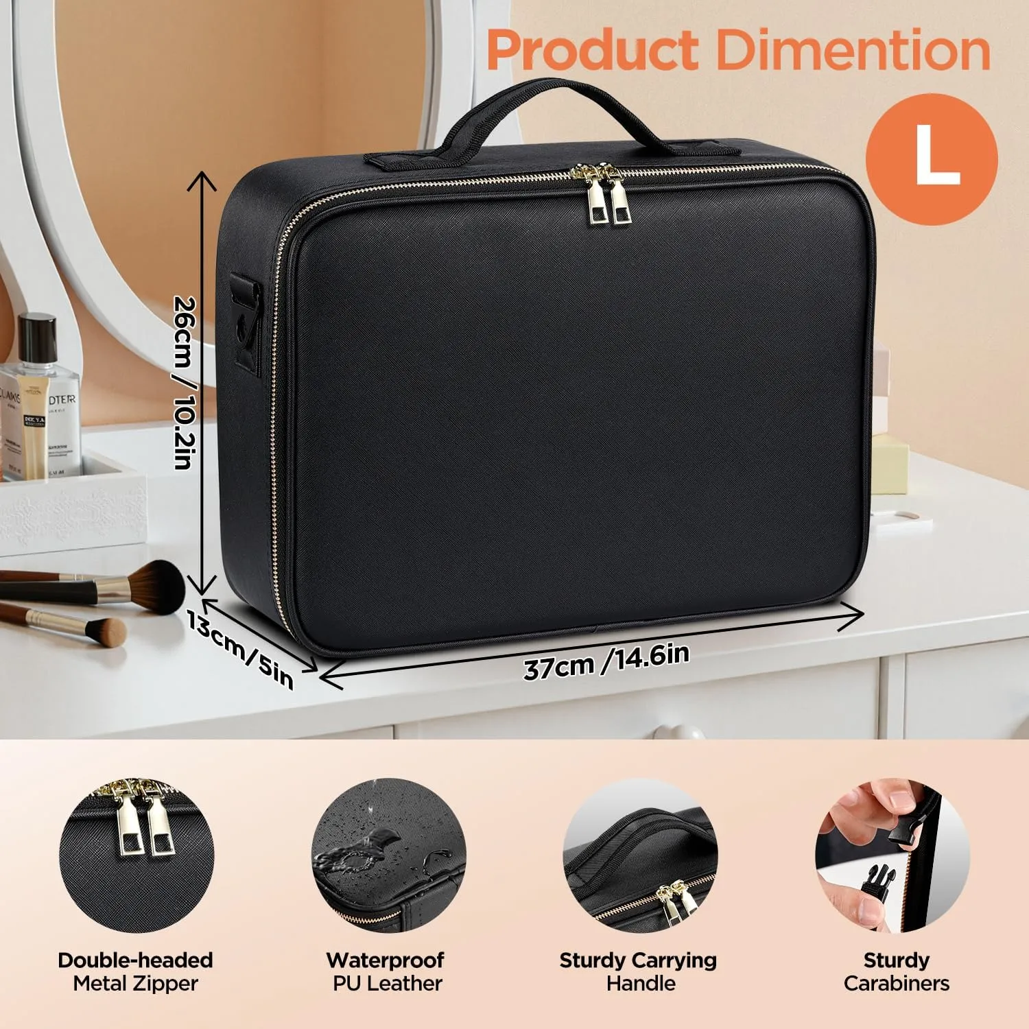 IPOW Travel Makeup Bag with LED Mirror, 3 Adjustable Light Settings, Customizable Dividers, Portable Travel Organizer, USB Charging,Black, Large