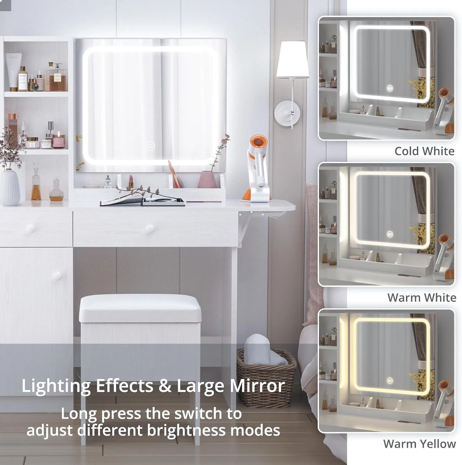 IRONCK Vanity Desk with LED Lighted Mirror & Power Outlet, Makeup Table with Drawers & Cabinet,Storage Stool,Dressing Table for Bedroom, White