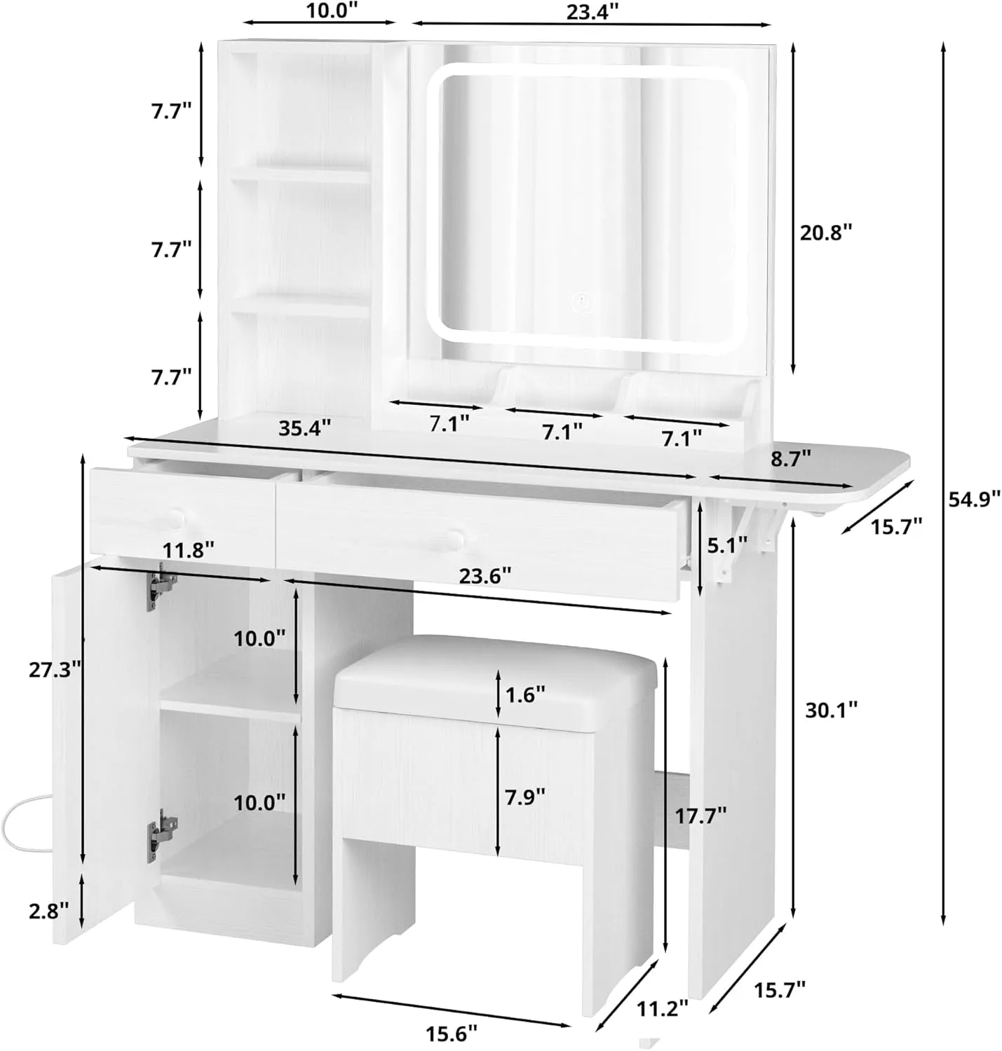IRONCK Vanity Desk with LED Lighted Mirror & Power Outlet, Makeup Table with Drawers & Cabinet,Storage Stool,Dressing Table for Bedroom, White