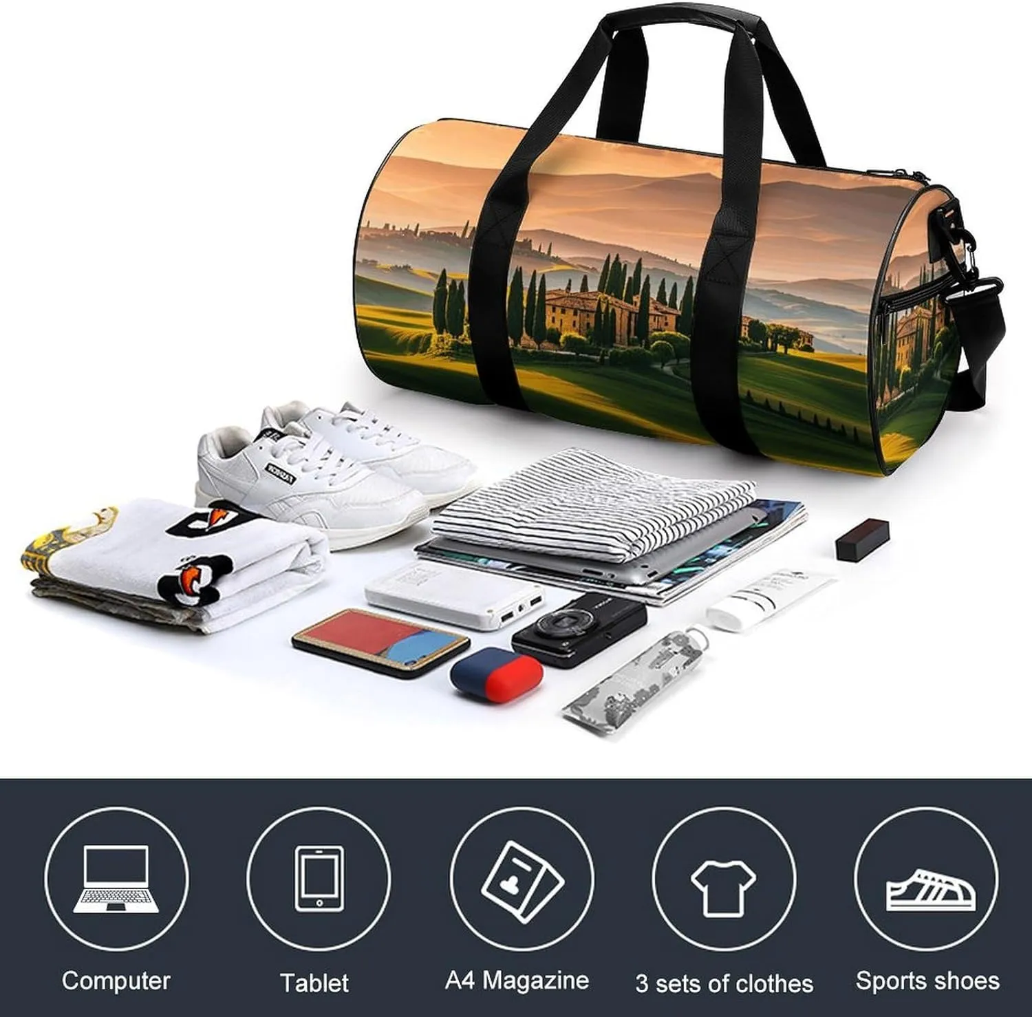 Italy Tuscan Gym Bag Small Travel Duffle Bag with Compartment Carry On Weekender Bag for Women Men