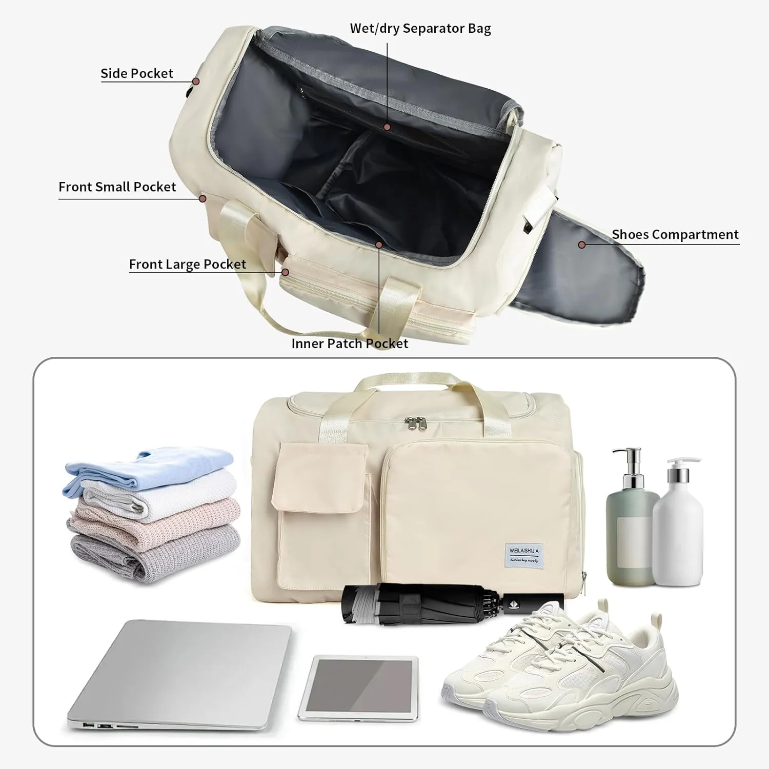 IwIeIaIrI Fitness Workout Gym Duffle Bag for Women with Shoes Compartment Waterproof Tote Bag and Weekend Bag for Girls Travel Duffle Bag with Dry and Wet Separation for Sports Activity Yoga Camping