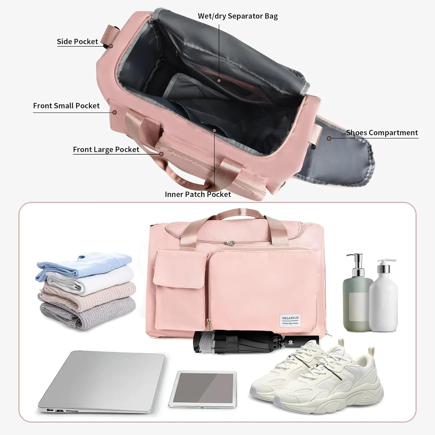 IwIeIaIrI Fitness Workout Gym Duffle Bag for Women with Shoes Compartment Waterproof Tote Bag and Weekend Bag for Girls Travel Duffle Bag with Dry and Wet Separation for Sports Activity Yoga Camping