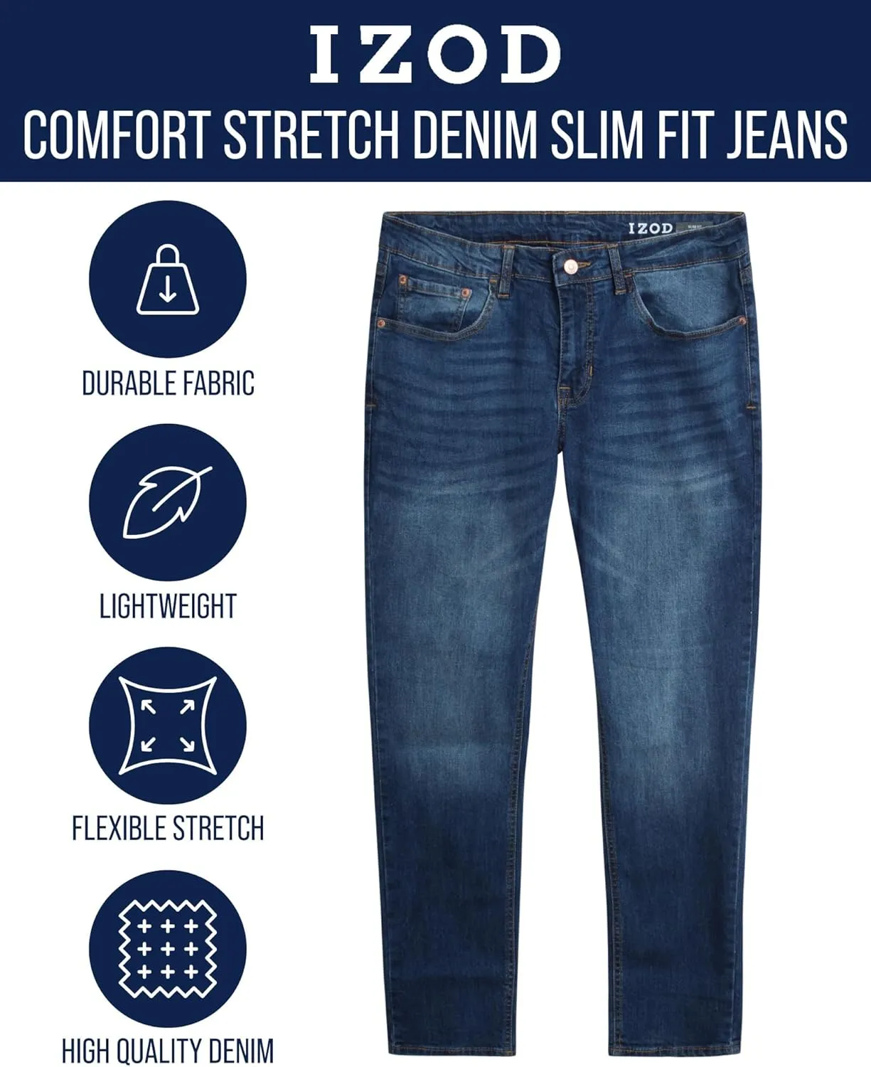 IZOD Men's Slim Fit Jeans - Classic Comfort Stretch Lightweight Denim Jeans - Casual Work Pants for Men