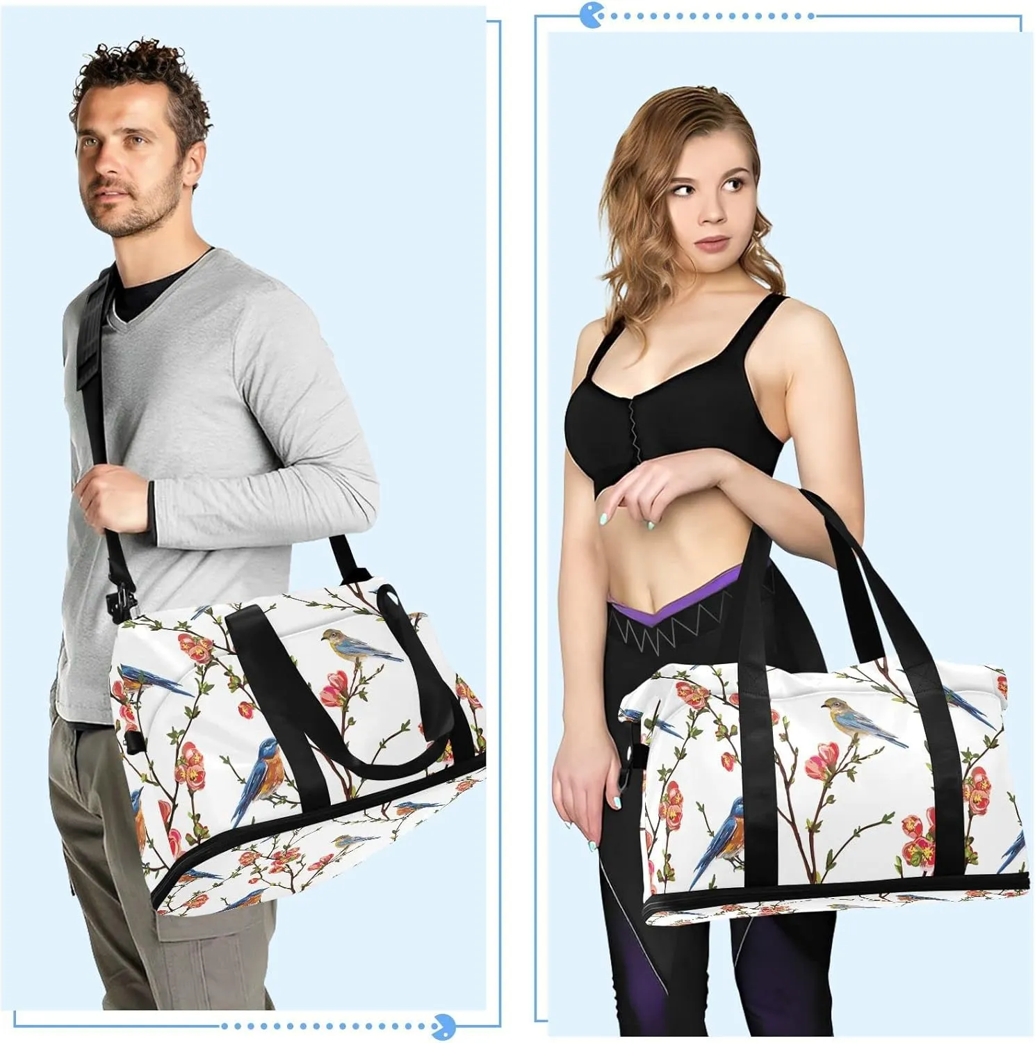 Japanese Spring Tree Branches with Red flowers Green Leaves Birds Gym Duffel Bag, Polyester Travel Weekender Luggage Handbag with Waterproof Pocket for Wet Items, Unisex Foldable Tote for Sports